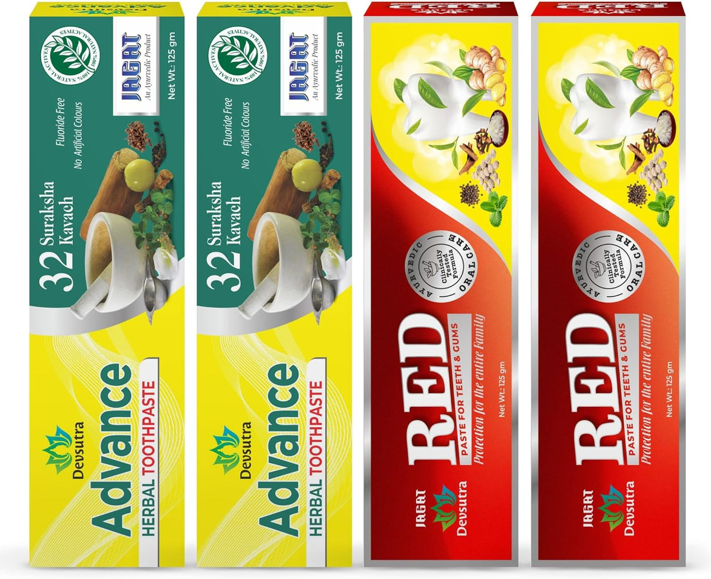 Jagat Devsutra Advanced Toothpaste & Red Toothpaste | Doctor Recommended Ayurvedic, Organic & Herbal | 100% Natural Teeth Whitening, No Fluoride & Artificial Colors, Gum Cure, Vegan - Pack of 4