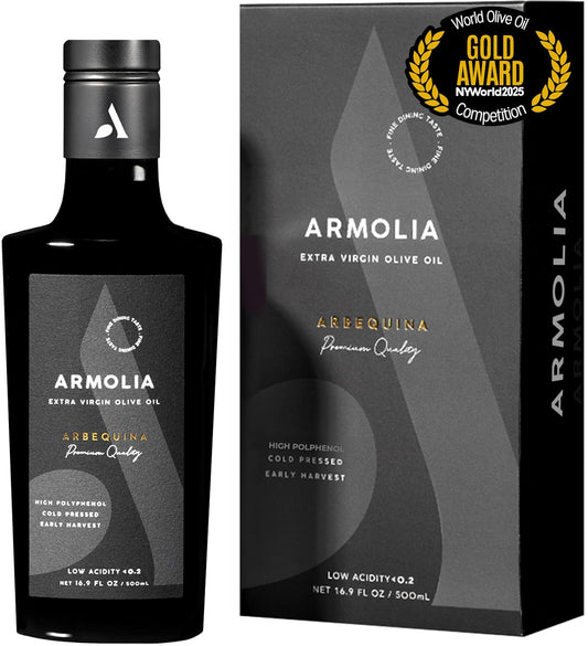 ARMOLIA 6-Pack Olive Oil Extra Virgin, Cold Pressed, Early Harvest, High Polyphenol (<400mg/kg), Low Acidity (0.14%), 2025 Gold Award Winner, Drinking Premium Glass Bottle EVOO ( 6 Pack x 500mL, 101.4 Oz )