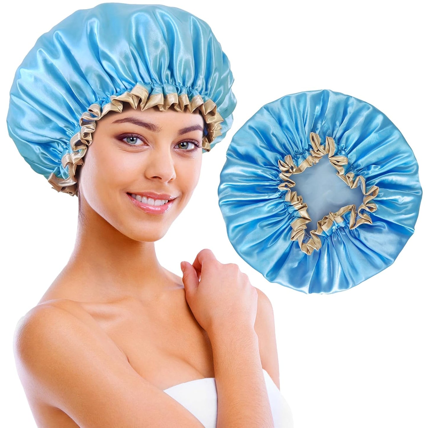 Shower Cap Reusable Waterproof, Large Shower Cap for Women, Shower Caps for Braids Long Hair, Double Layer Satin Plastic Hair Cap for Shower
