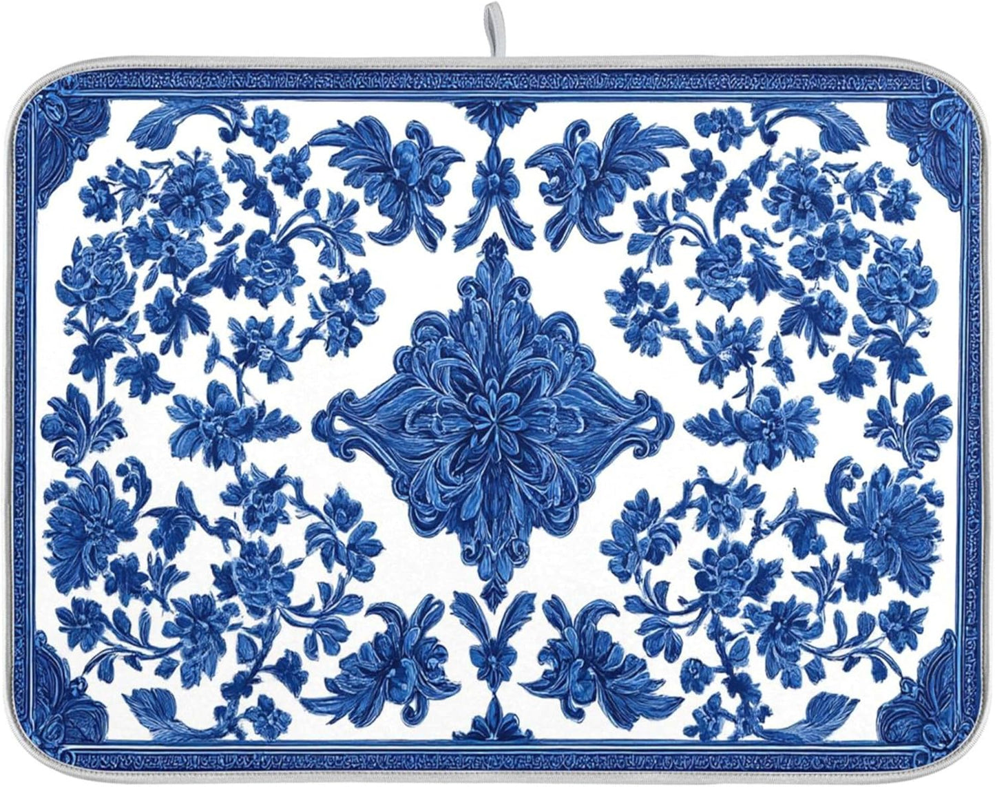 Blue White Porcelain Floral Dish Drying Mat for Kitchen Countertop 16x18 Rectangle Small Drying Mat Reusable Quick Dry Dish Sink Absorbent Mats Dishwasher Easy Clean Decorative Home Decor Essentials