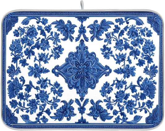 Blue White Porcelain Floral Dish Drying Mat for Kitchen Countertop 16x18 Rectangle Small Drying Mat Reusable Quick Dry Dish Sink Absorbent Mats Dishwasher Easy Clean Decorative Home Decor Essentials