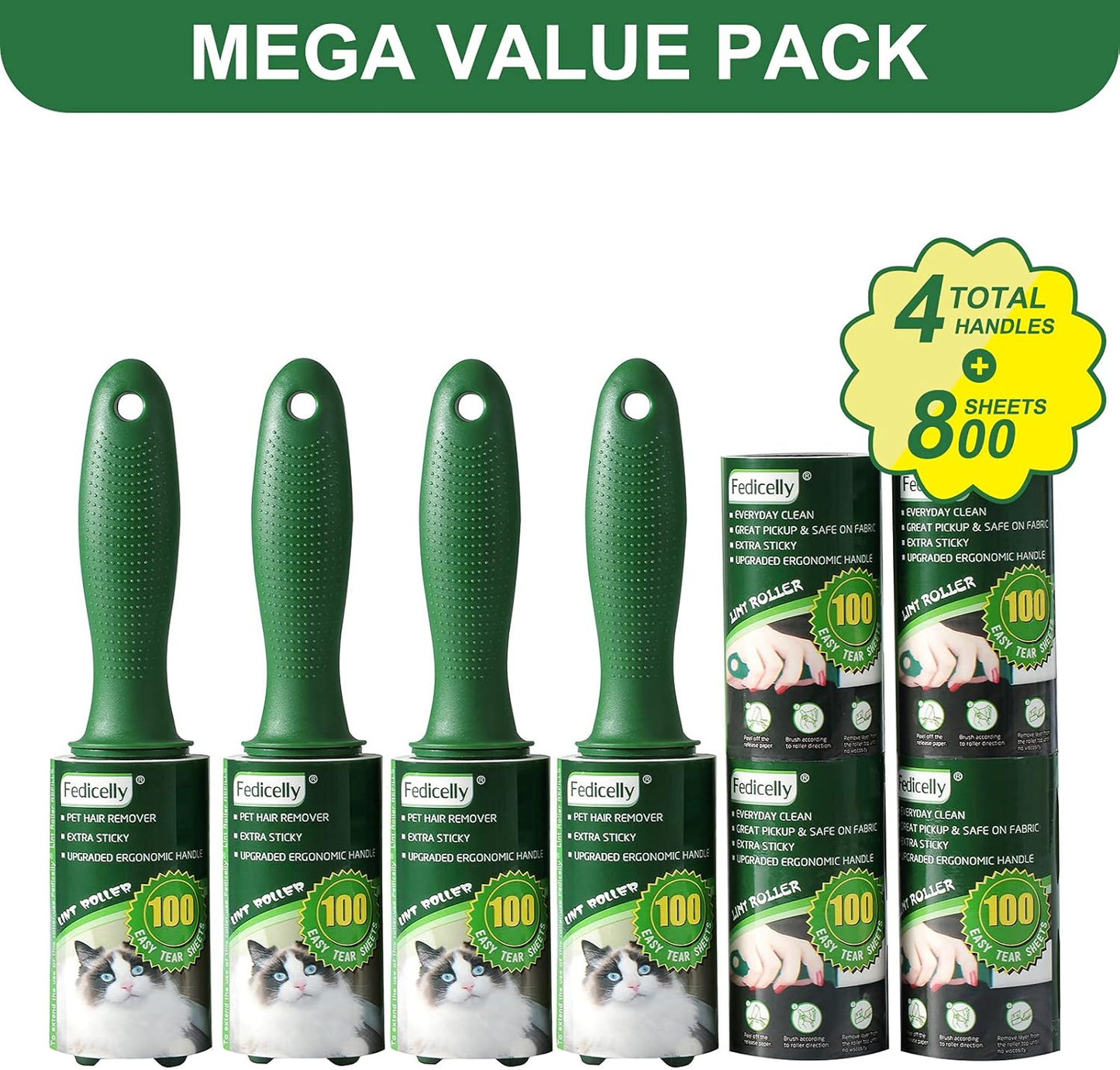 Fedicelly Lint Rollers Pet Hair Extra Sticky Clothes,Cat Dog Hair Remover Laundry Furniture Carpet,Total 800 Sheets Lint Remover Brush for Couch Green