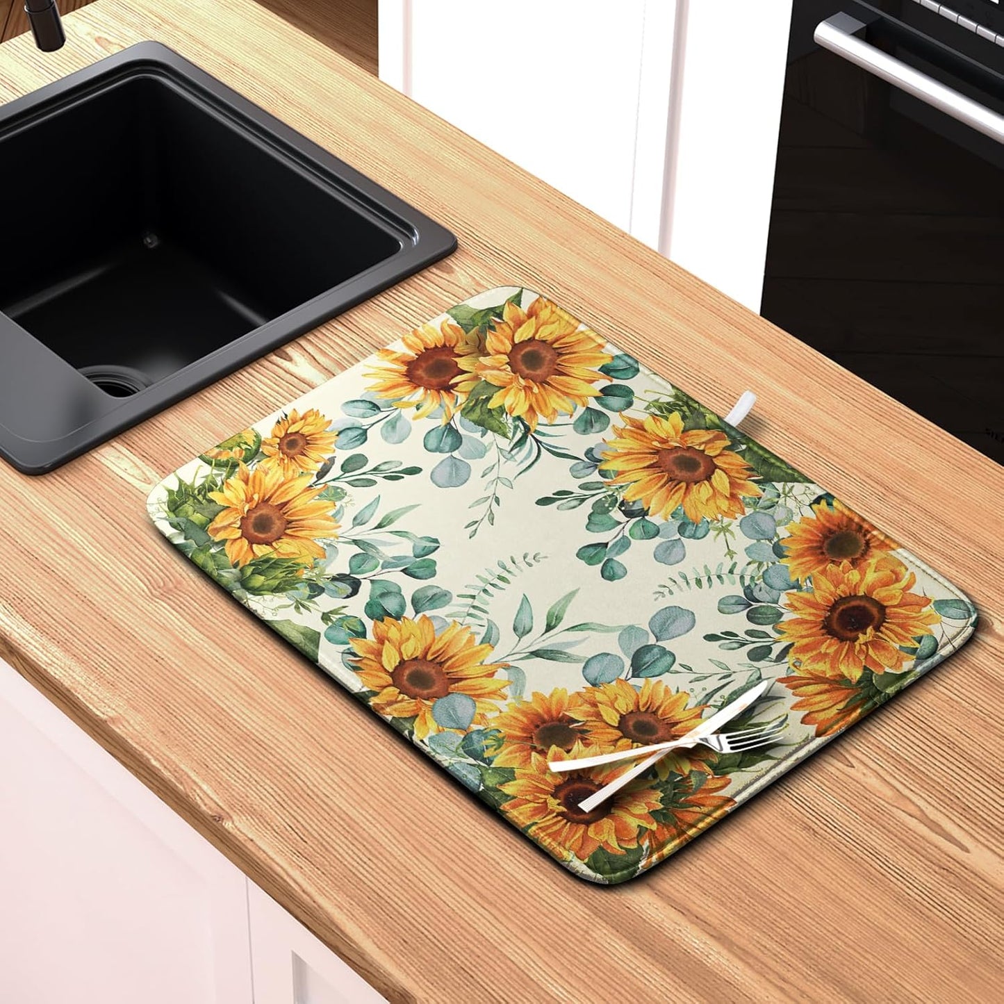 Sunflowers Dish Drying Mat for Kitchen Counter Yellow Flower Green Leaves Dish Draining Mats Spring Summer Floral Dishes Pad Microfiber Absorbent Dish Drainer Rack Mat 16x18 Inch