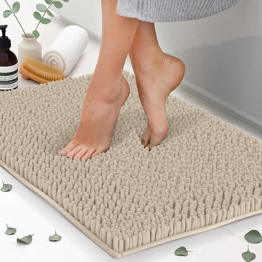 ITSOFT Plush Bathroom Rug 34x21, Absorbent Machine Washable Non Slip Chenille Bath Mats, Quick Dry Bathmat, Bath Rugs for Bath, Shower, Bedroom, or Door Mat, Beige