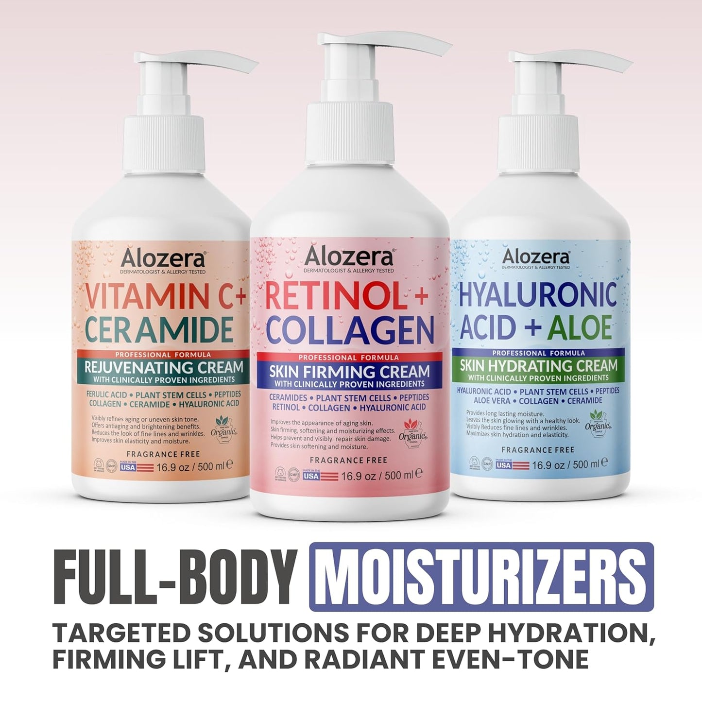 Alozera Skin Firming Retinol Collagen Body Lotion with Stem Cells for Aging Skin and Wrinkles, Non-Greasy, Lightweight Moisturizer, Fragrance-Free, 16.9 oz