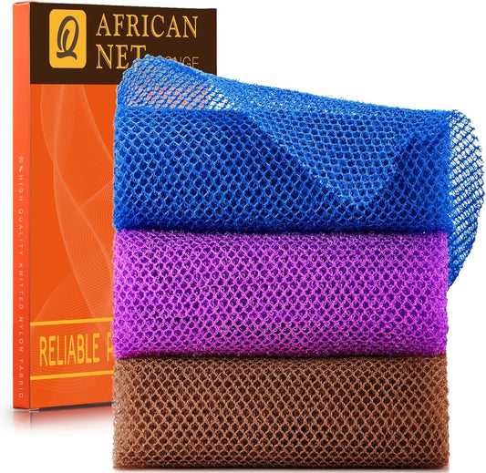 UJFQBH 3 Pieces African Bath Sponge African Net Long Net Bath Sponge Exfoliating Shower Body Scrubber Back Scrubber Skin Smoother,Great for Daily Use (Brown, Blue, Purple)