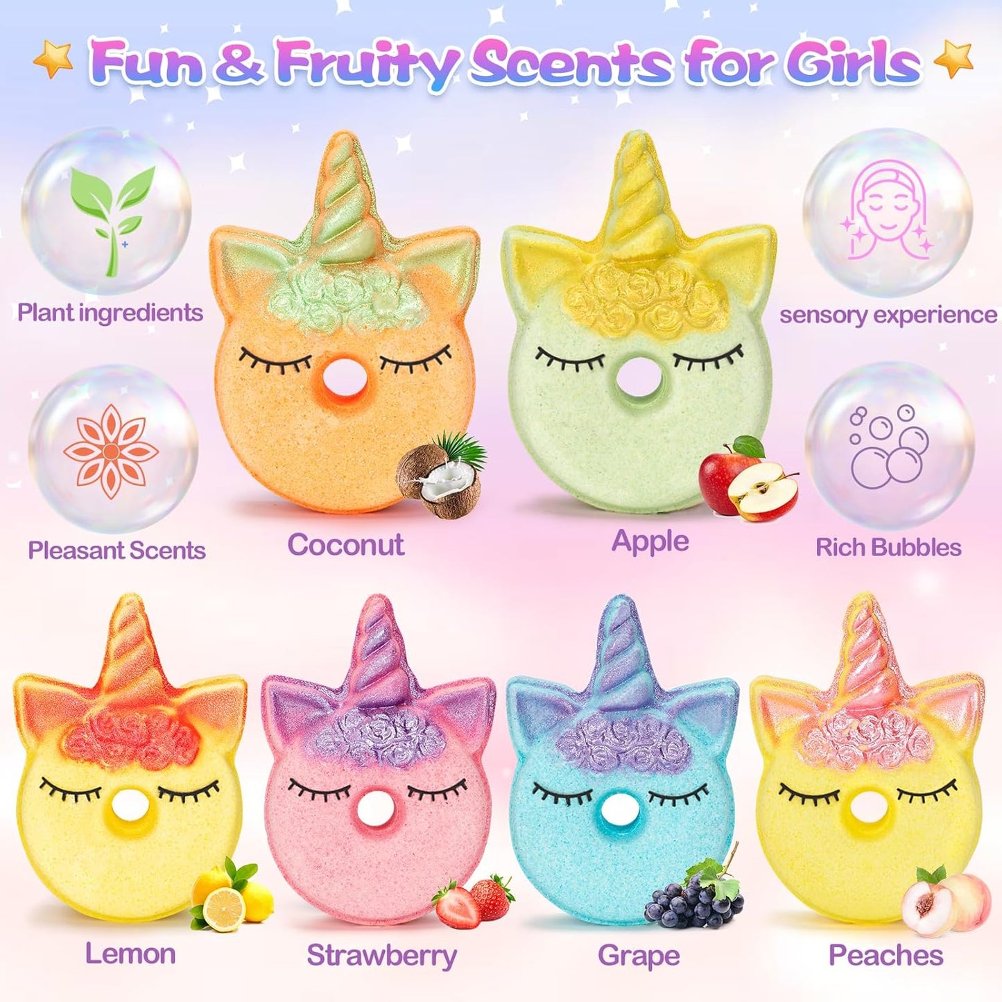 Bath Bombs for Girls,6 Packs Unicorn Donut Bubble Bath Bathbombs with Surprise Toys Inside, Bath Toys for Kids Age 4-8, Birthday Christmas Basket Stuffer Gifts for Girls 3 4 5 6 7 8