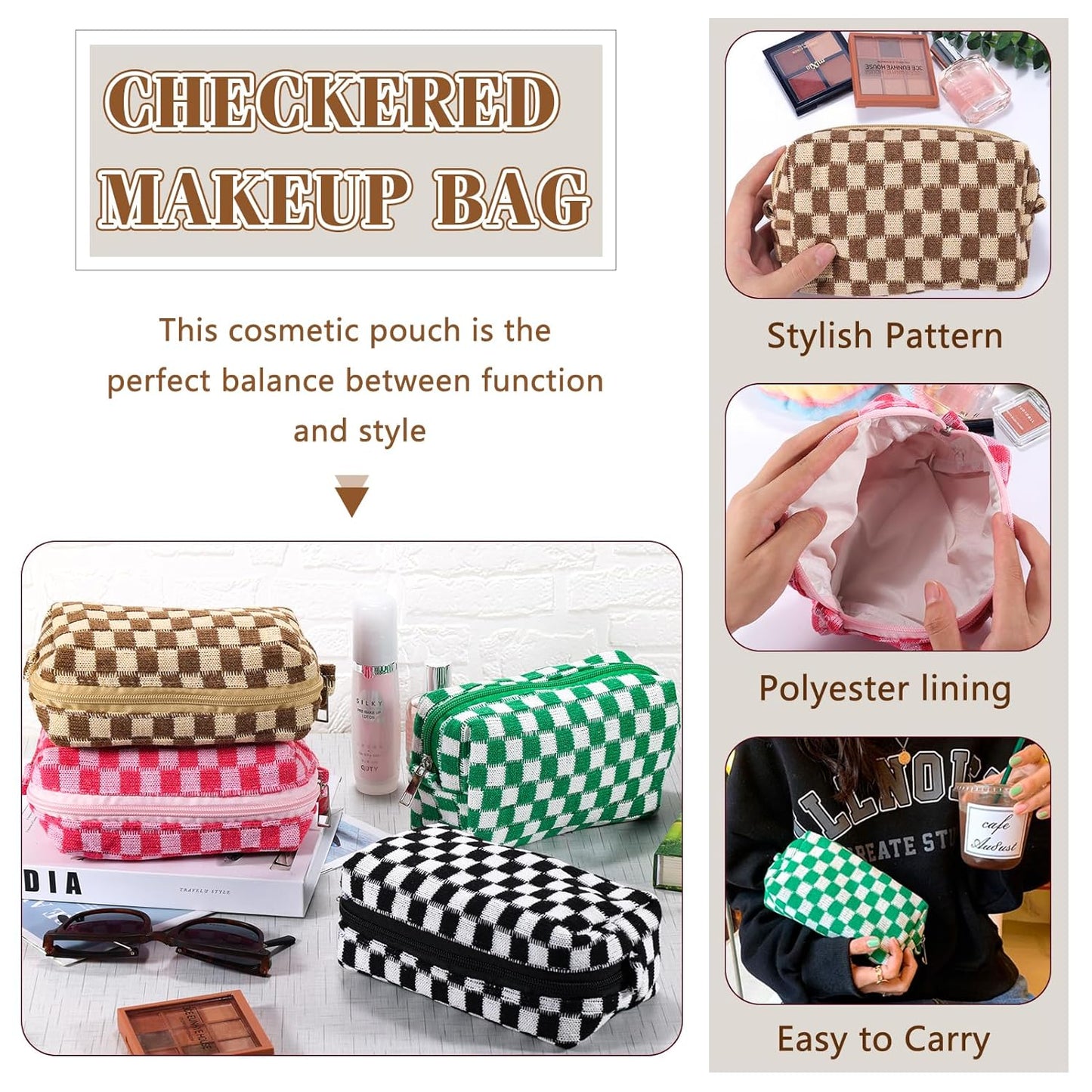 ZLFSRQ 4Pcs Checkered Pencil Case Cute Pencil Pouch for Teens Checkered Makeup Bag Medium Travel Cosmetic Bag Makeup Pouch for Purse Aesthetic Trendy Zipper Toiletry Bags(Green/Black/Pink/Brown)