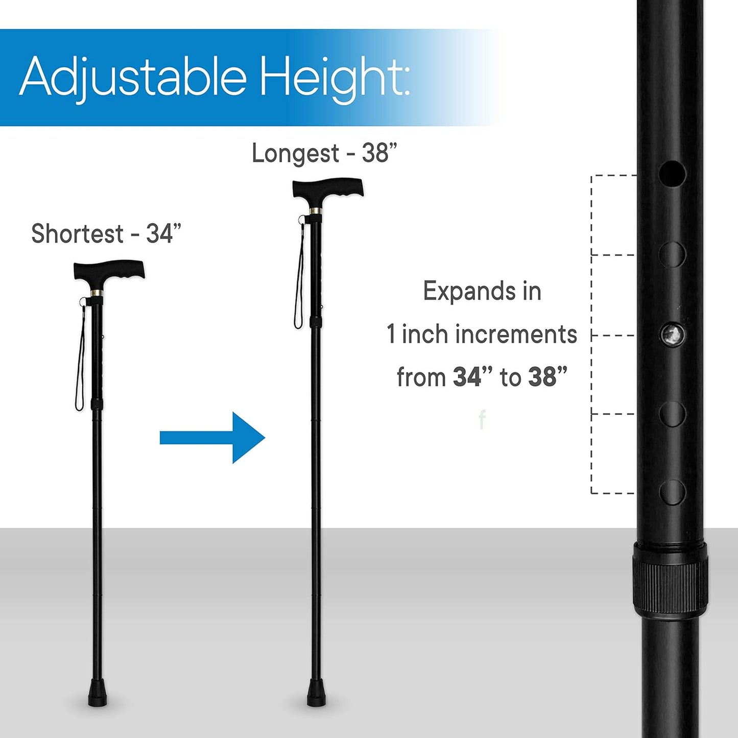 RMS Folding Cane - Foldable Walking Cane with Adjustable Height - Collapsible and Lightweight - Soft Ergonomic Handle for Comfortable Grip - Portable Walking Stick for Mobility Aid