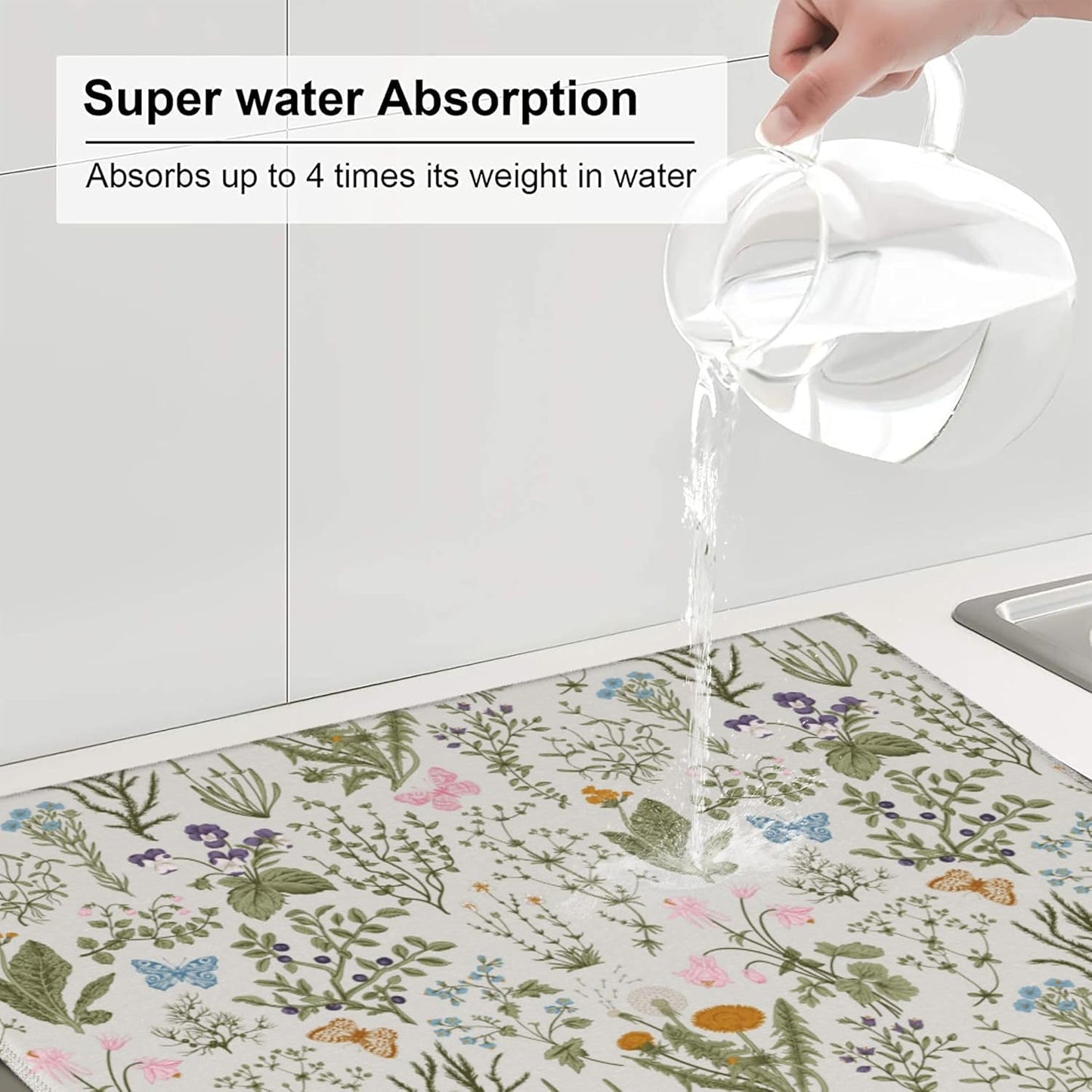 Vintage Floral Kitchen Drying Mat Herbs and Wild Flowers Microfiber Dish Drainer Mat for Kitchen Counter Cute Botanic Spring Summer Drying Pad Absorbent Reusable Washable 16x18 Inch