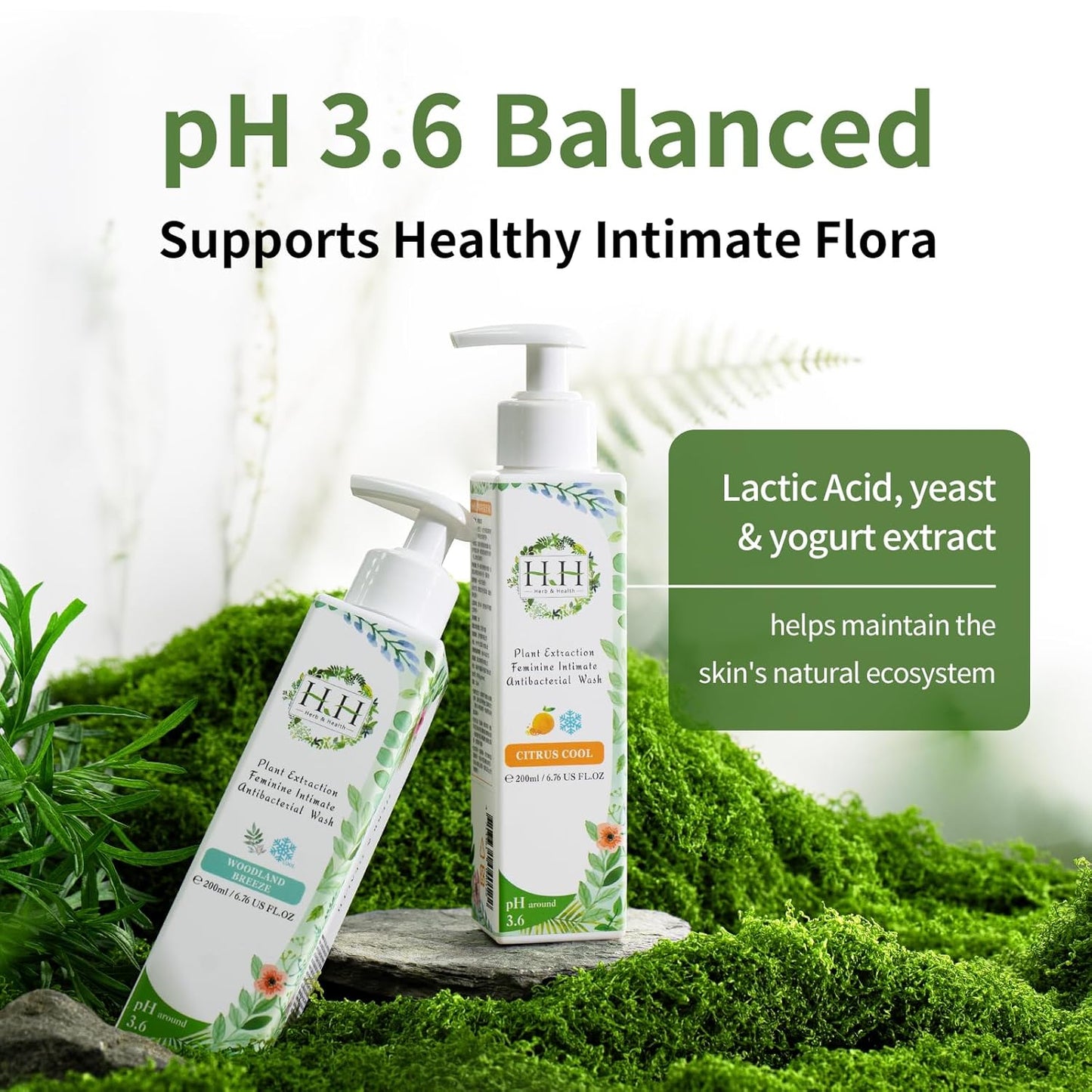 HH Herb & Health Feminine Wash for Women, pH3.6 Lactobacillus Cleanser with Botanical Extracts, Hydrating & Cooling Intimate Care for Odor Dryness and Itch, Sensitive Skin Safe, Rose Scent Cool