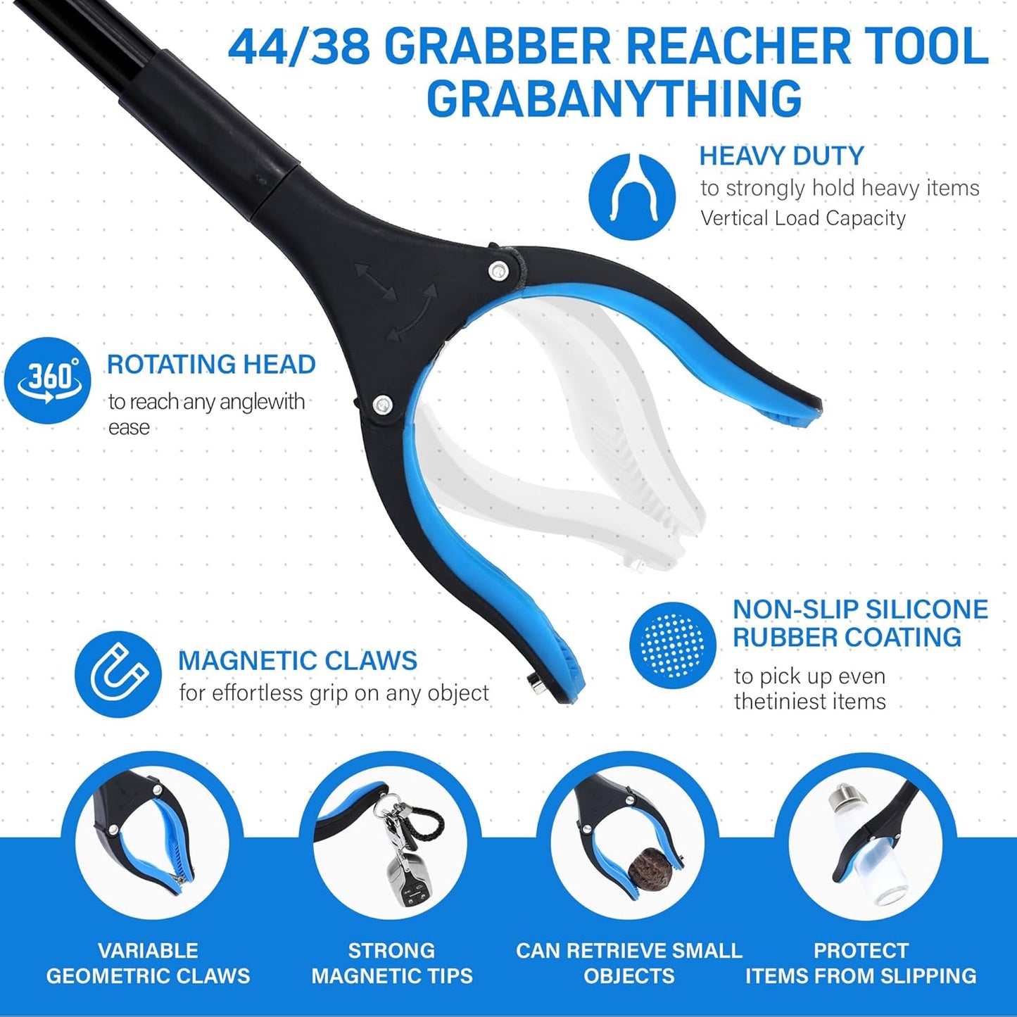 38 Inch & 44 Inch Extra Long Grabber Reacher Tool Set – Extendable Reacher Grabber Pickup Tools for Seniors, Disabled and Hard-to-Reach Areas, Ergonomic Grip & Lightweight Design（Blue）