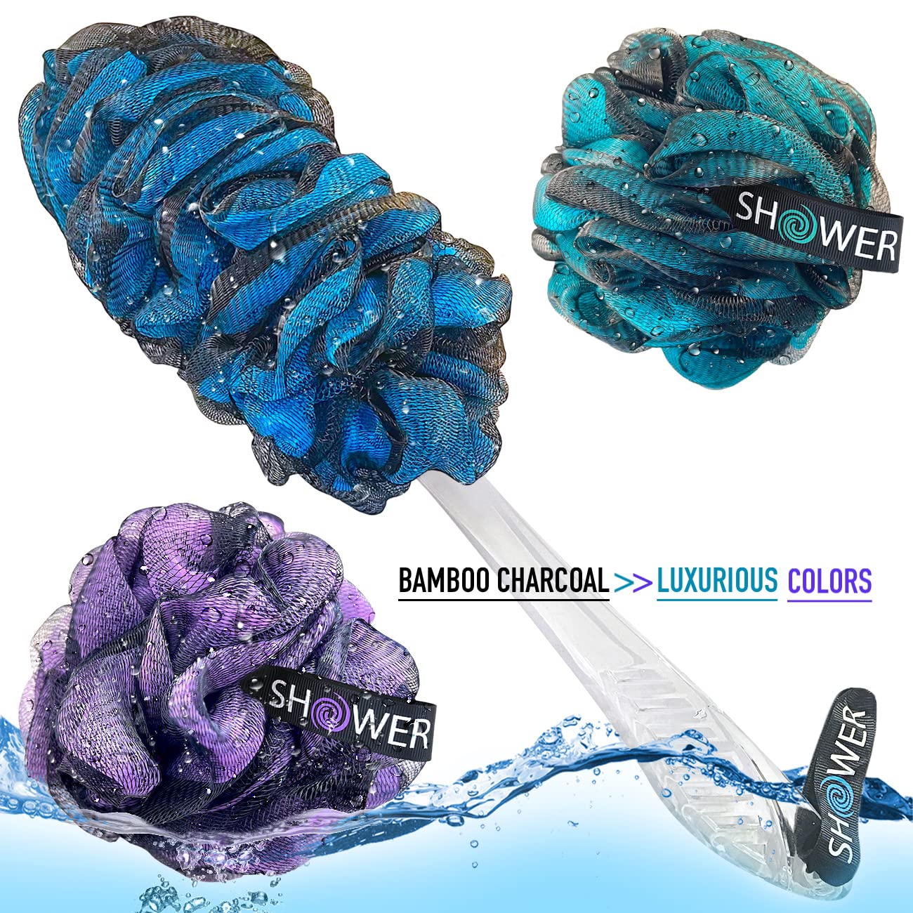 SHOWER BOUQUET Loofah-Charcoal Back-Scrubber & Bath-Sponge Color-Set // 1 Long-Handle-Back-Brush plus 2 Extra Large 75g Soft Mesh Loofa Lufa Loufa Poufs, Men & Women - Exfoliate with Full Pure Cleanse