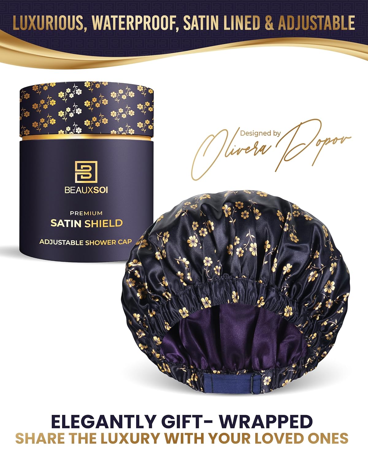 Luxury Reusable Shower Cap for Women - Satin Lined, Adjustable & Waterproof - Keeps Hair Dry- Durable Hair Bonnet by BEAUXSOI (Fleur de Nuit) - Floral design