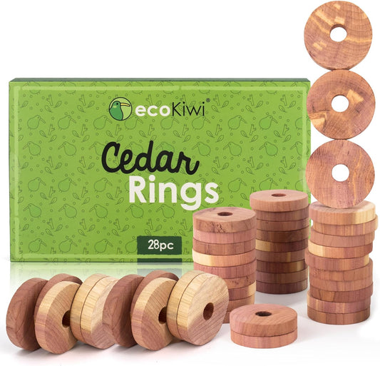 ecoKiwi Cedar Blocks for Clothes Storage - 28 Pack Cedar Rings - 100% Natural Aromatic Cedar for Closets & Drawers - Red Cedarwood Oil Scented Chips with Sandpaper - Cedar Planks Freshener Deodorizer