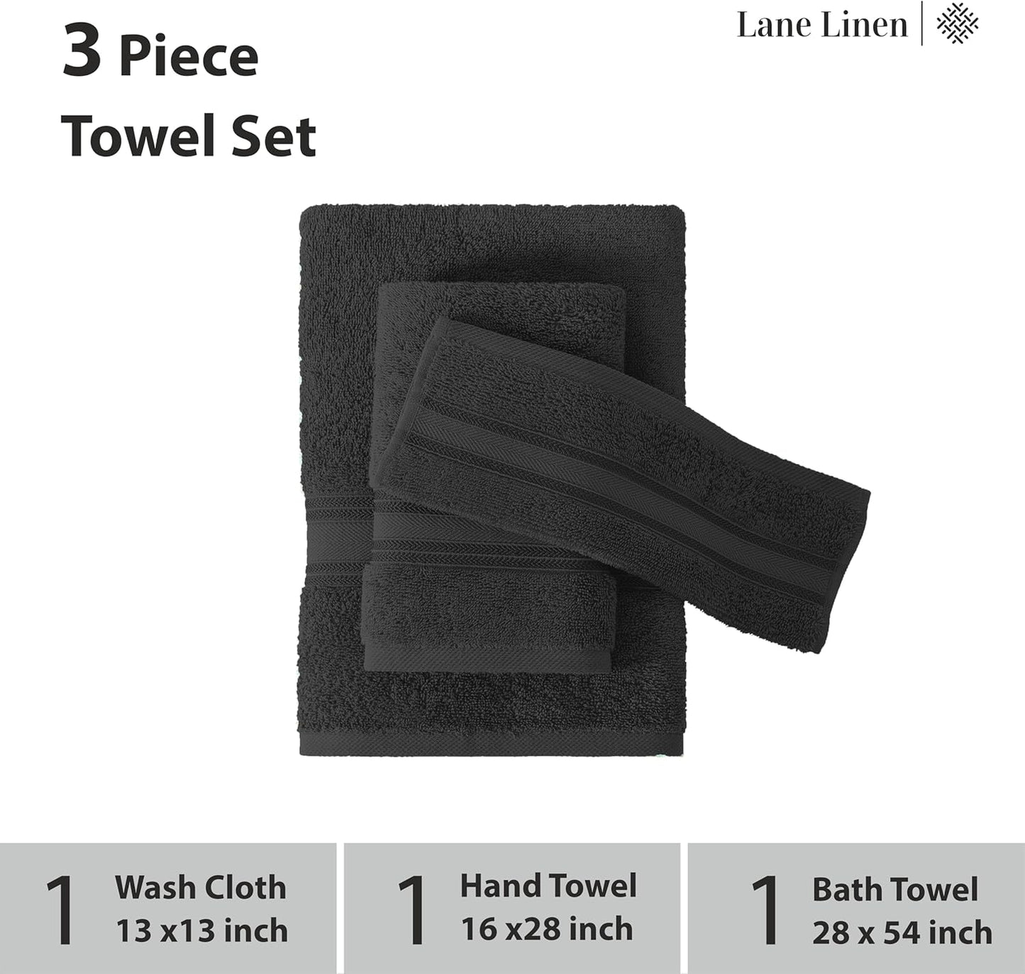 LANE LINEN Luxury Towels Set - 3 Piece Set, 100% Cotton Bathroom Towels, Zero Twist, Quick Dry Shower Towels, Absorbent Bath Towel, Super Soft, 1 Bath Towel, 1 Hand Towel, 1 Wash Cloths - Black