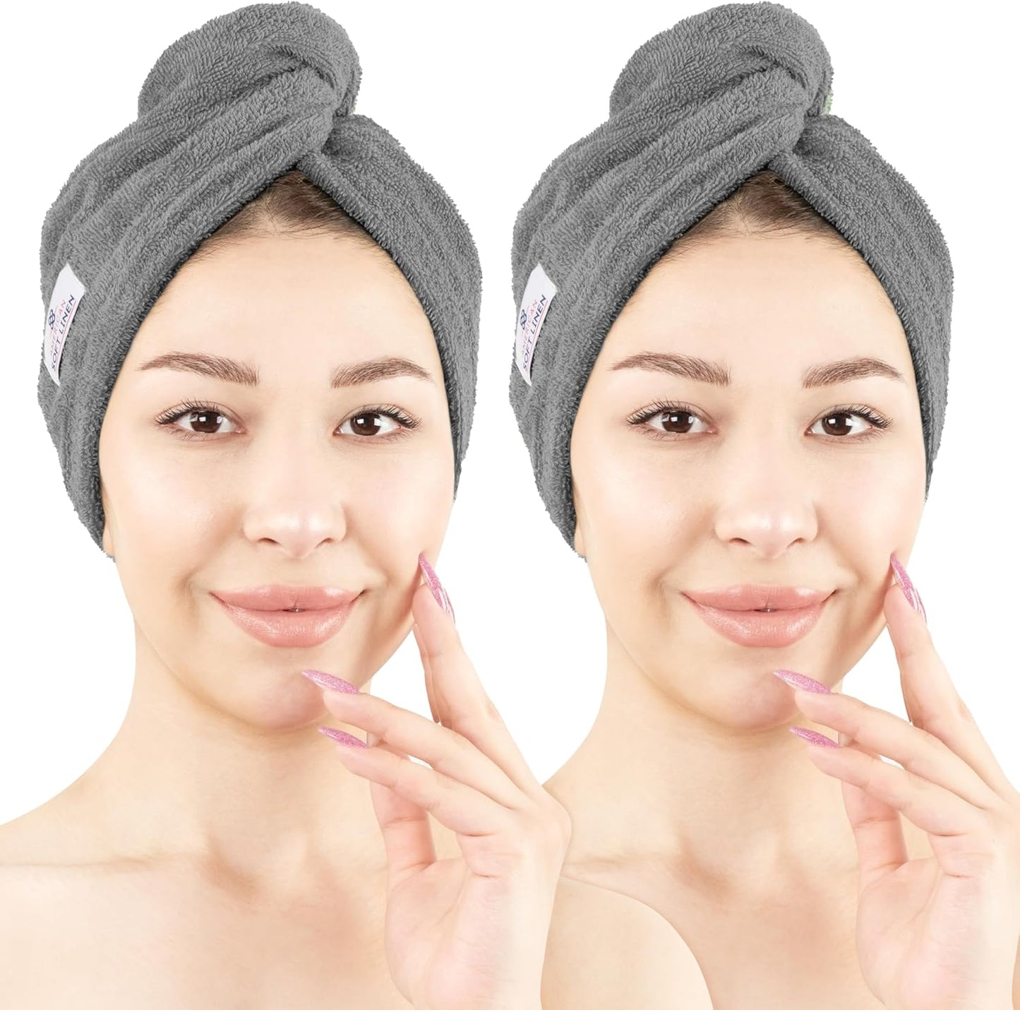 American Soft Linen 100% Cotton Hair Towels for Women, Head Towel Cap, Cotton Hair Turban Towel Wrap for Long Curly Anti Frizz Hair, Soft and Absorbent Cotton Hair Towels 2 Pack, Dark Gray