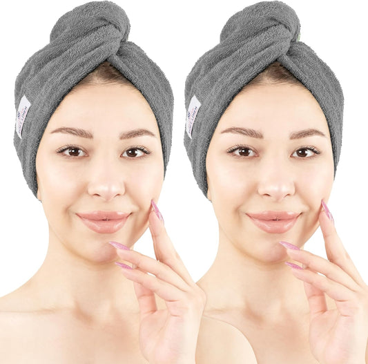 American Soft Linen 100% Cotton Hair Towels for Women, Head Towel Cap, Cotton Hair Turban Towel Wrap for Long Curly Anti Frizz Hair, Soft and Absorbent Cotton Hair Towels 2 Pack, Dark Gray