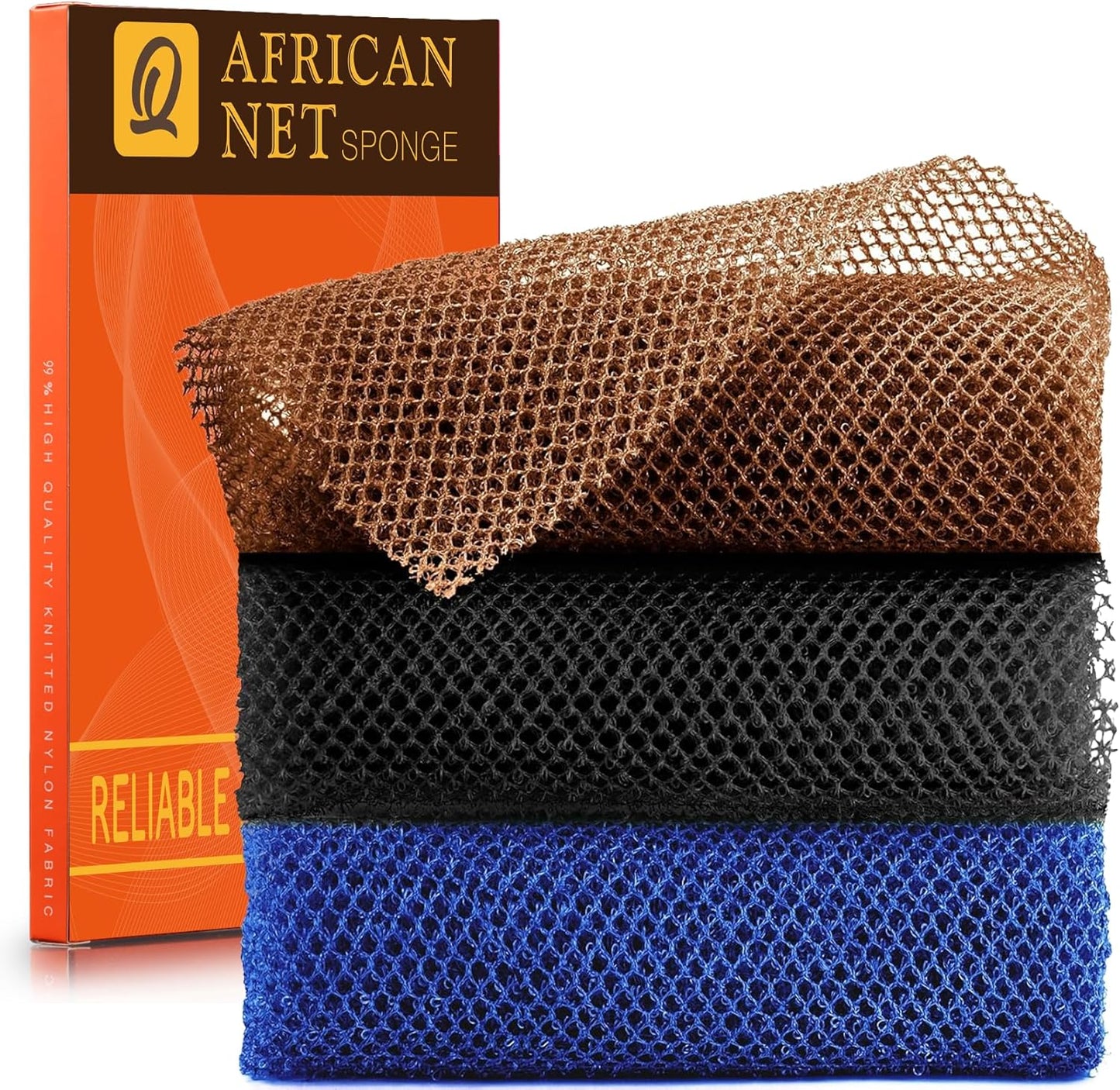3 Pieces African Bath Sponge African Net Long Net Bath Sponge Exfoliating Shower Body Scrubber Back Scrubber Skin Smoother,Great for Daily Use (Black、Blue、Brown)