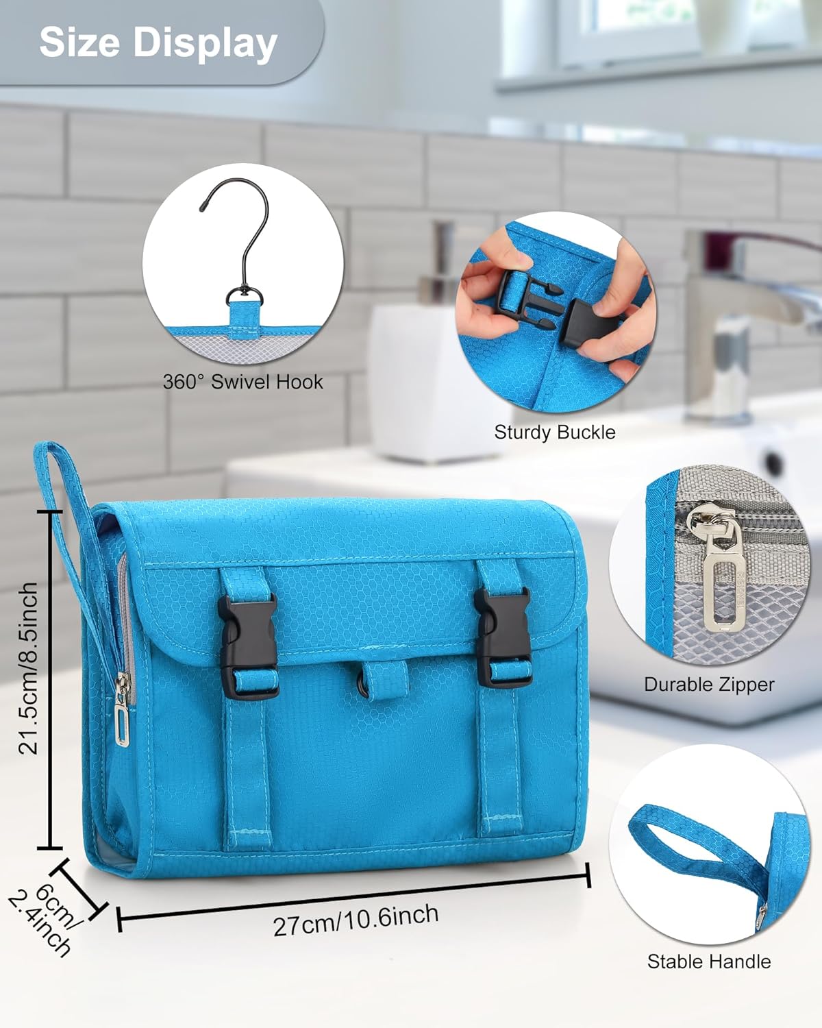 Relavel Travel Hanging Toiletry Bag for Women Men Large Capacity Makeup Bag Waterproof Cosmetic Storage Organizer Case for Bathroom Shower (Blue)