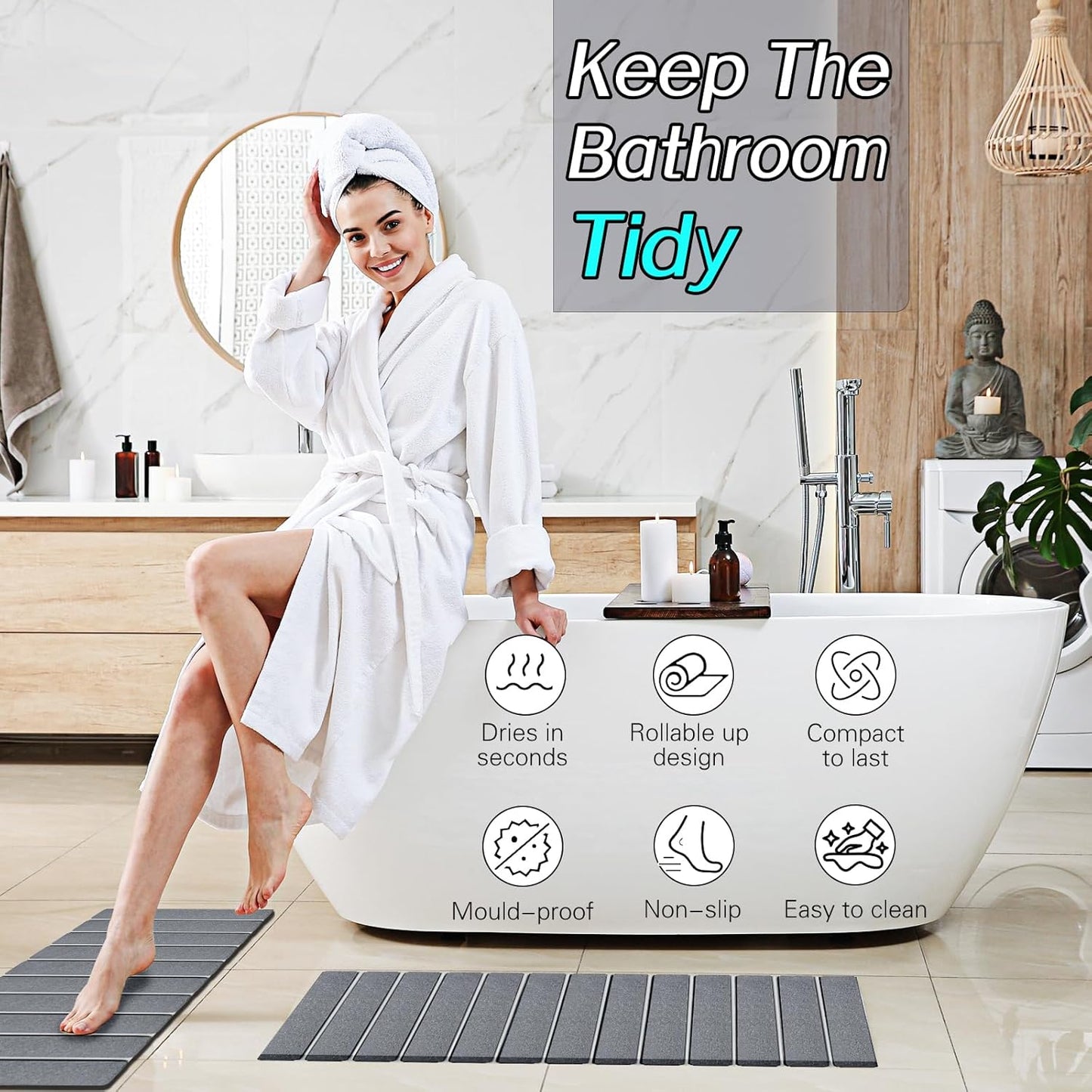 2 Pack Foldable Stone Bath Mats, Gray Super Absorbent Diatomaceous Earth Bath Rug, Non-Slip Shower Mat, Quick-Drying Bath Rug and Drying Mat for Tub and Shower