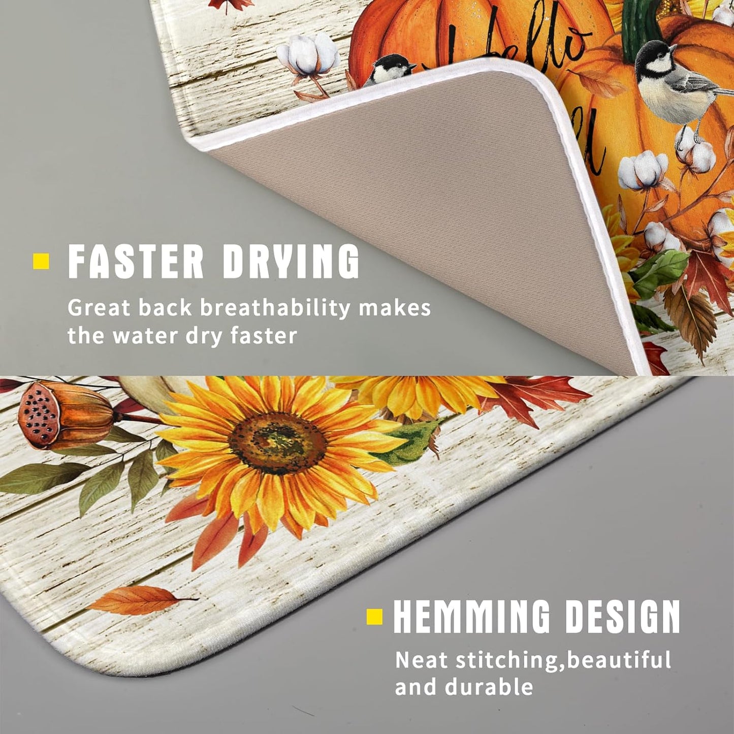 Hello Fall Dish Drying Mat Autumn Pumpkin Dish Drainer Rack Mats 16"x18" Fast Dry Microfiber Dish Drying Pad for Kitchen Countertop Table