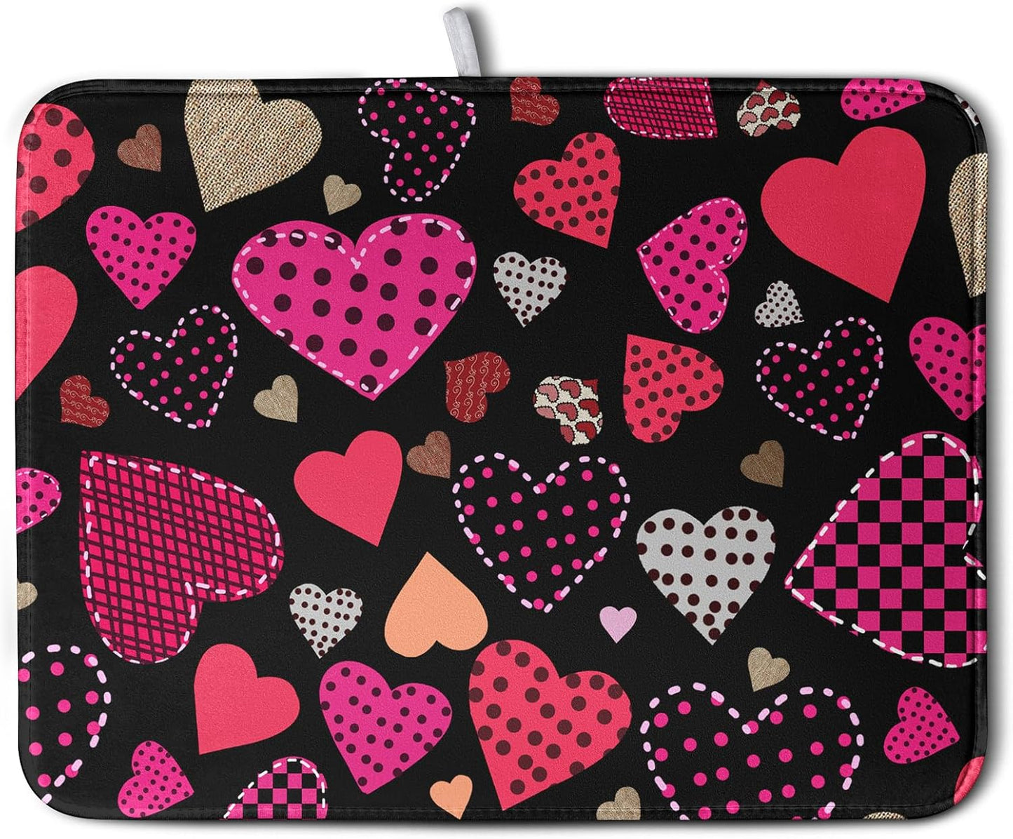 Happy Valentine's Day Kitchen Drying Mats for Dishes 18x24 Inch Love Heart Dish Drying Mat Black Pink Polka Dots Dish Drainer Mat Super Absorbent Dish Rack Pad for Coffee Bar Sinks
