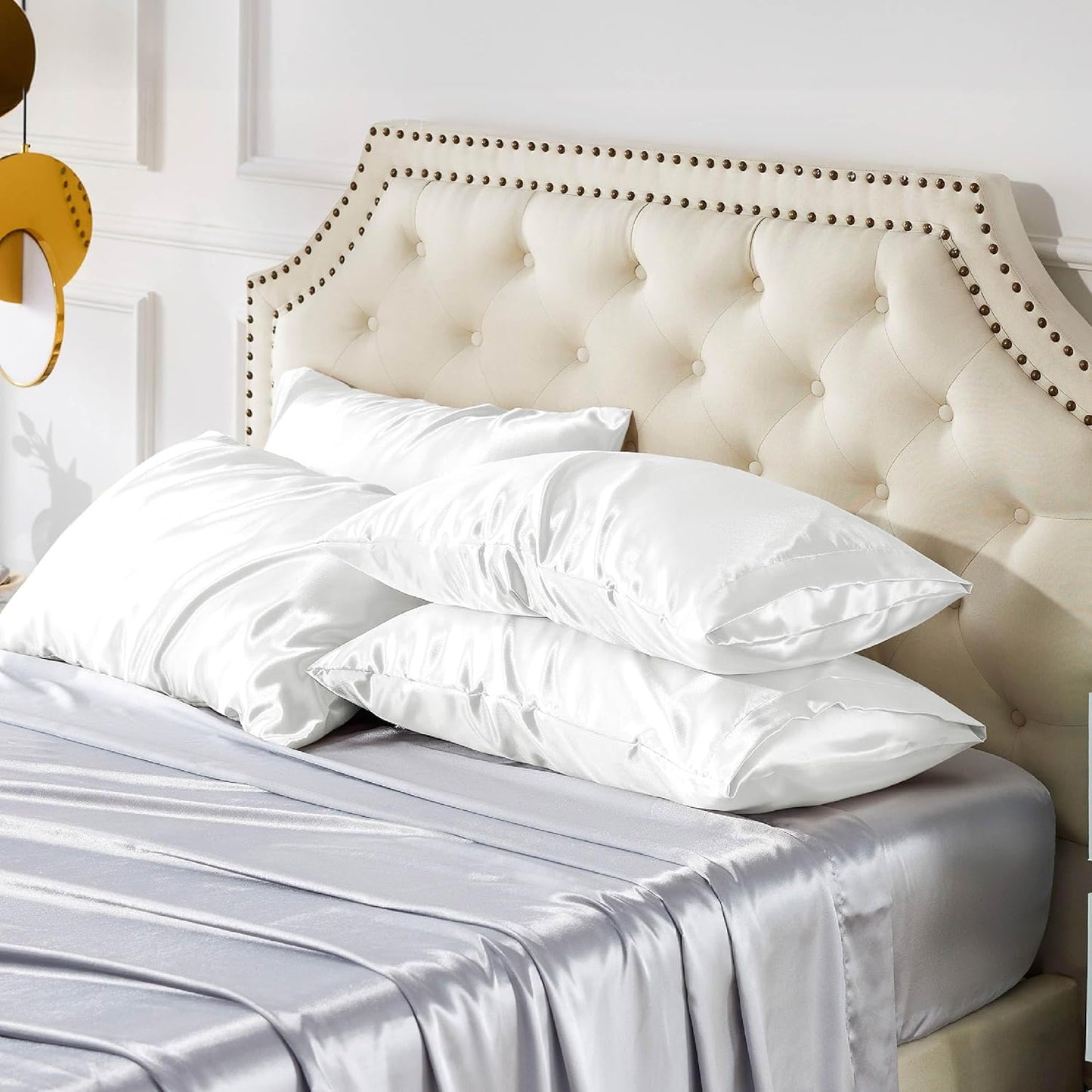 Bedsure King Size Satin Pillowcase Set of 4 - Pure White Pillow Covers for Hair and Skin 20x36 Inches with Envelope Closure, Similar to Silk Pillow Cases, Gifts for Women Men