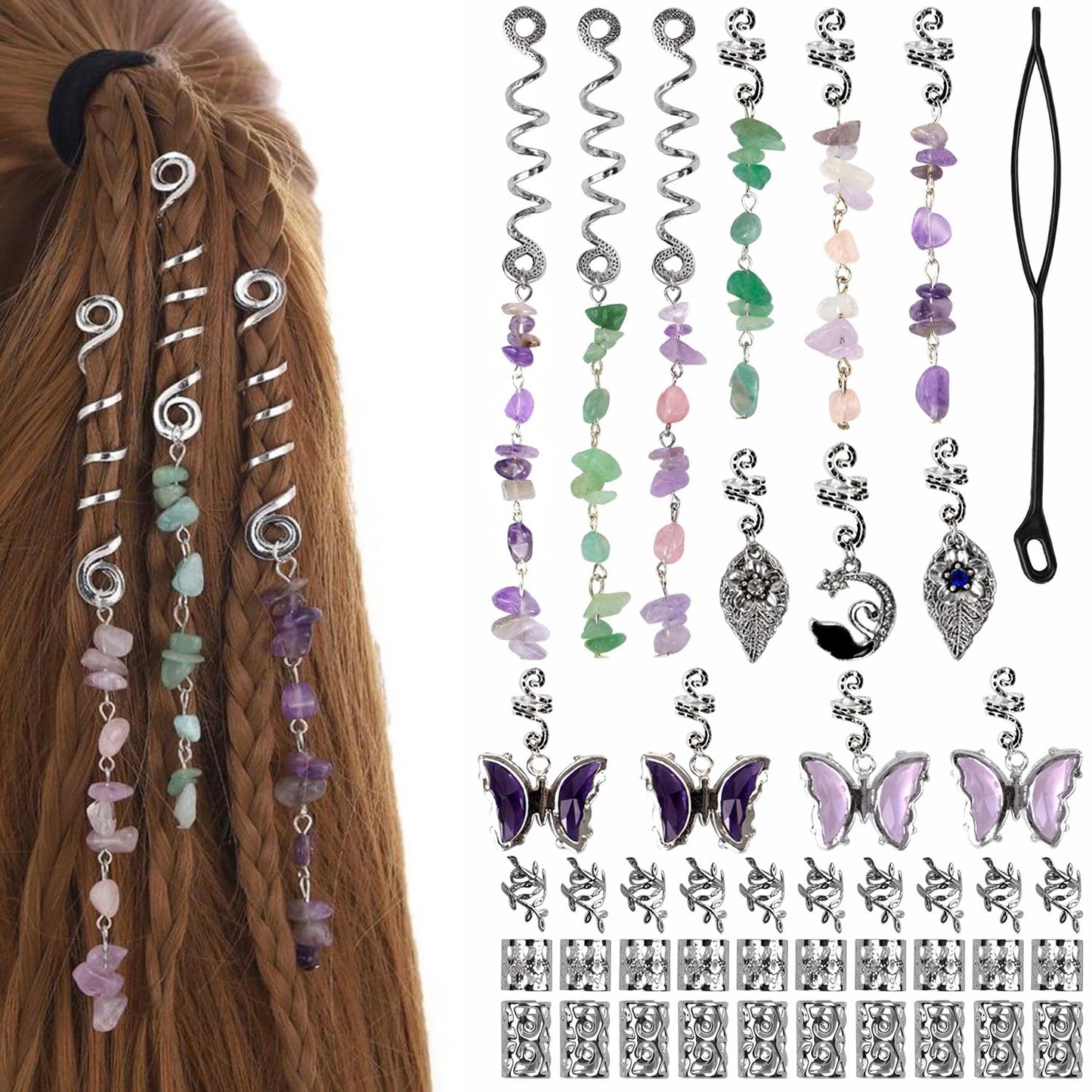 Hair Jewelry for Braids 44 Pcs Natural Colored Crystal Stone Hair Braid Accessories Metal Hair Charms Silver Loc Dreadlock Spirals Cuffs Rings Light Weight Hair Charms for Women