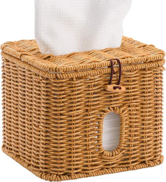 Facial Clean Skin Club Face Towels Holder for Bathroom, Plastic Rattan Disposable Face Towel Holder, Farmhouse Style for XL Face Towels Box Basket with Lid, Brown