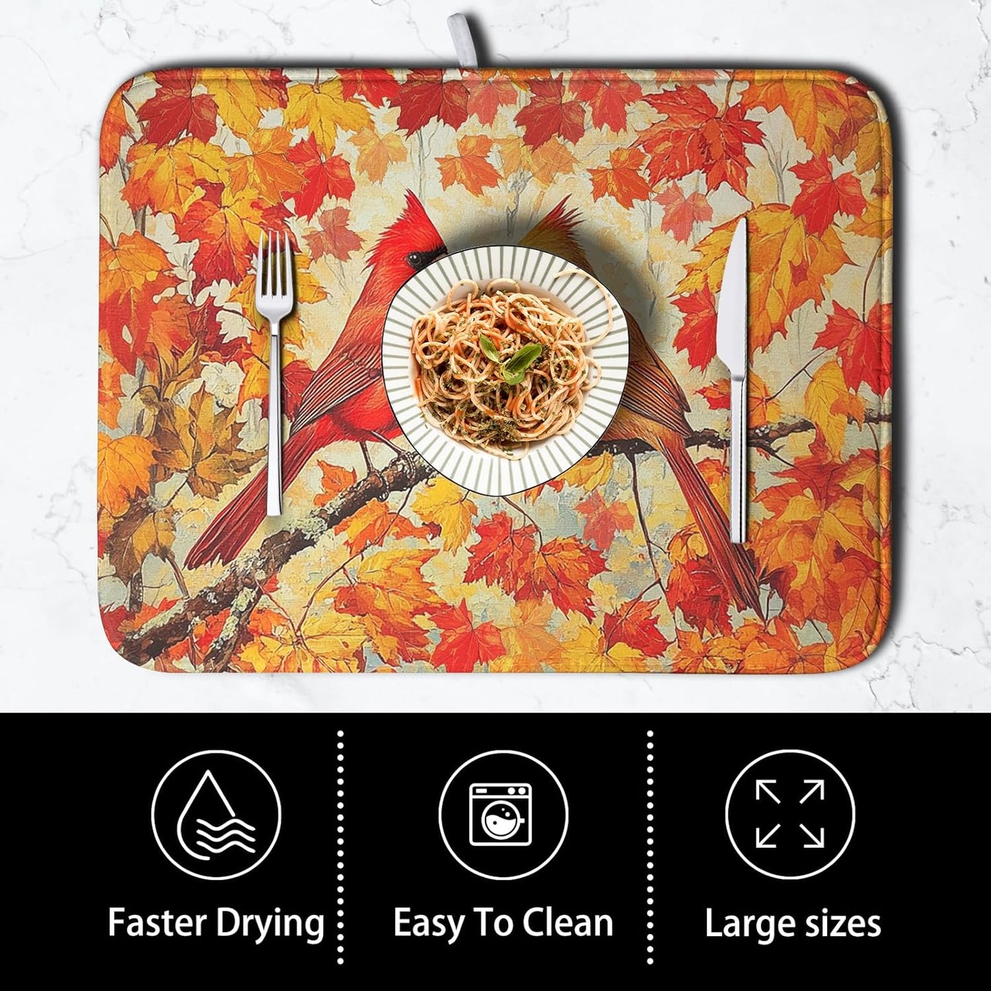 Fall Dish Drying Mats for Kitchen Counter Maple Leaf Cardinal Birds Dish Draining Mat 18x24 Inch Autumn Thanksgiving Dish Rack Mat Microfiber Absorbent Dish Drainer Pad
