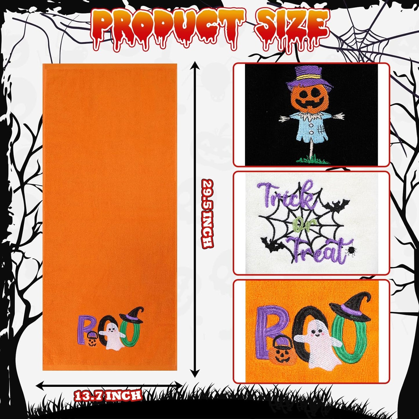 Halloween Hand Towels 3 Pack, Cotton Orange Black Beige Ghost Embroidered Decorative Towels for Bathroom & Kitchen Holiday Décor, 13.7 in × 29.5 in