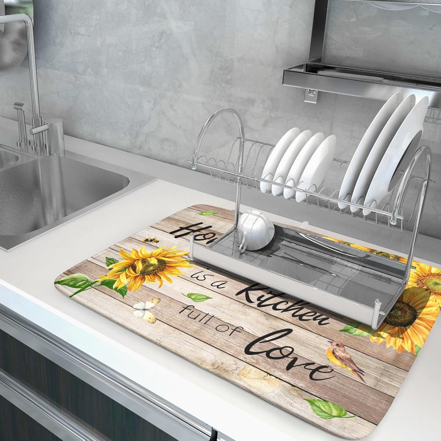 Sunflower Floral Dish Drying Mat for Kitchen Countertop 18x24 inch Rustic Wood Washable Microfiber Absorbent Dishes Drainer Rack Pad