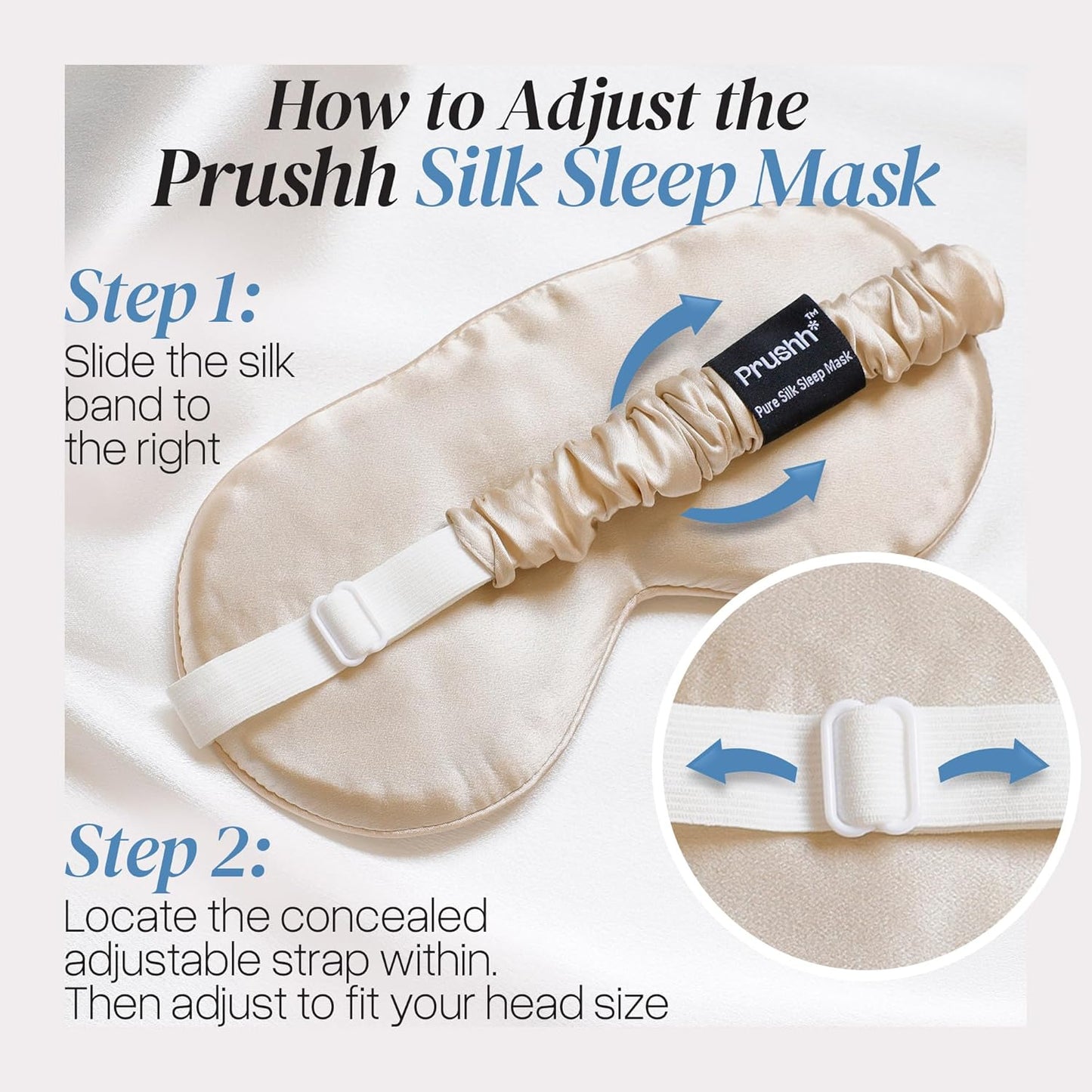 Silk Sleep Mask - Luxurious 100% Pure Mulberry Silk Eye Mask for Restful Sleep and Travel, Hypoallergenic, Cooling, Total Blackout, Adjustable for Women & Men (Champagne Gold)