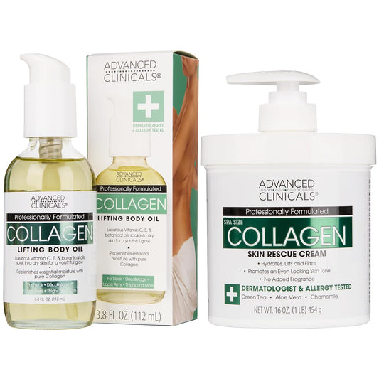 Advanced Clinicals Unscented Collagen Cream Face Moisturizer & Body Lotion + Collagen Body Oil Skincare 2pc Set For Women & Men Helps Reduce Appearance Of Crepey Skin, Wrinkles, & Dry Skin, 2PC Set