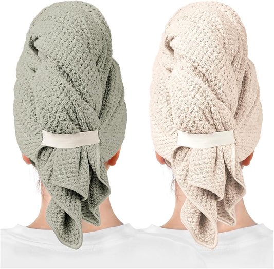 2 Packs Large Microfiber Hair Towels for Women, Super Absorbent & Quick Dry Hair Towel Wrap for Curly Hair Long & Short Hair- Anti-Frizz Hair Turbans for Wet Hair (Green & Clay)
