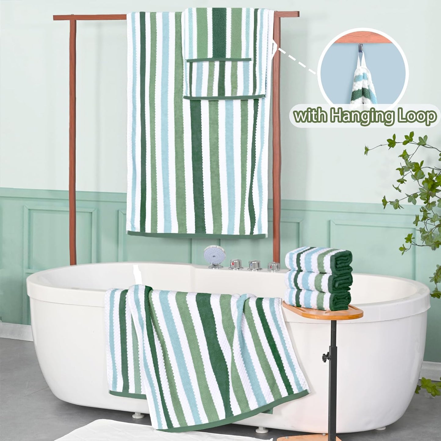Green and White Towels - 100% Cotton | Quick Dry | Soft | Absorbent, Bath Towels Set of 6, 2 Bath 28"x52", 4 Hand 16"x27", Towels with Hanging Loop, Waffle Towels Set for Bathroom, Stripe + Checkered