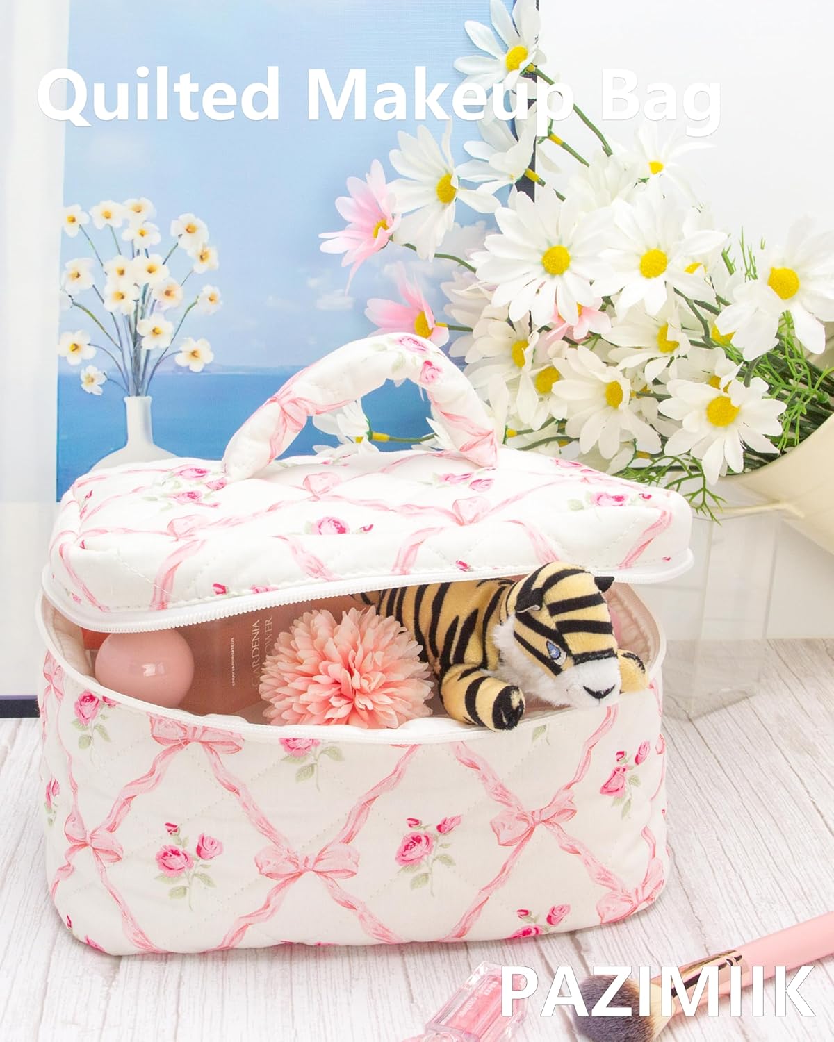 PAZIMIIK Quilted Makeup Bag Large Travel Zipper Soft Cosmetic Case for Women Girls Make Up,Bow Rose