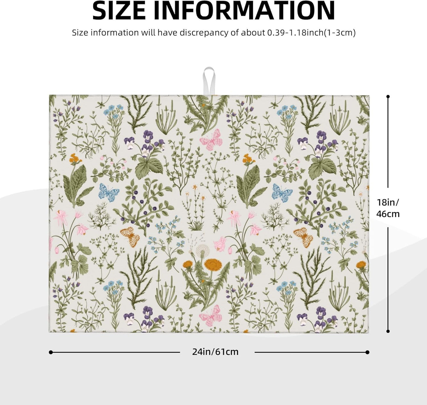 Vintage Floral Spring Summer Dish Drying Mat for Kitchen Counter, Herbs and Wild Flowers Drying Pad 18x24 Inch Absorbent Reversible Cute Botanic Dish Drainer Rack Mats