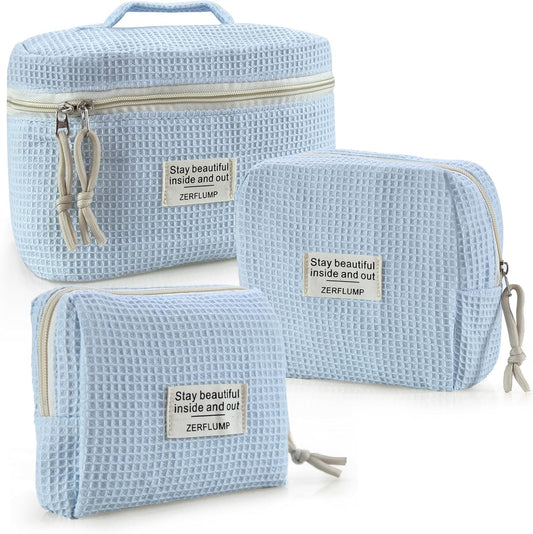 Cute Quilted Floral Makeup Bag(3Pcs)，Coquette Aesthetic Cosmetic Bag，Travel Toiletry Bags， Kawaii Aesthetic pouch for Women (92 - Blue)