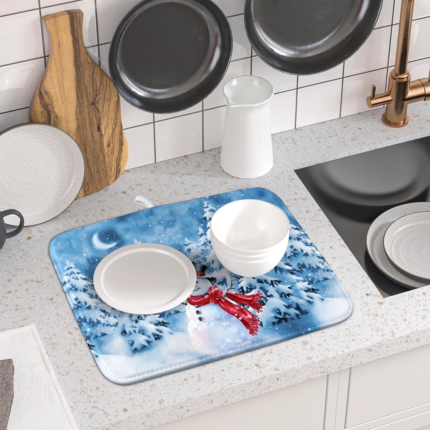 Blue Snowman Dish Drying Mat Winter Pine Tree Drainer Rack Mats 16x18 Inch Absorbent Fast Dry Dish Pad Protector Kitchen Counter Accessories