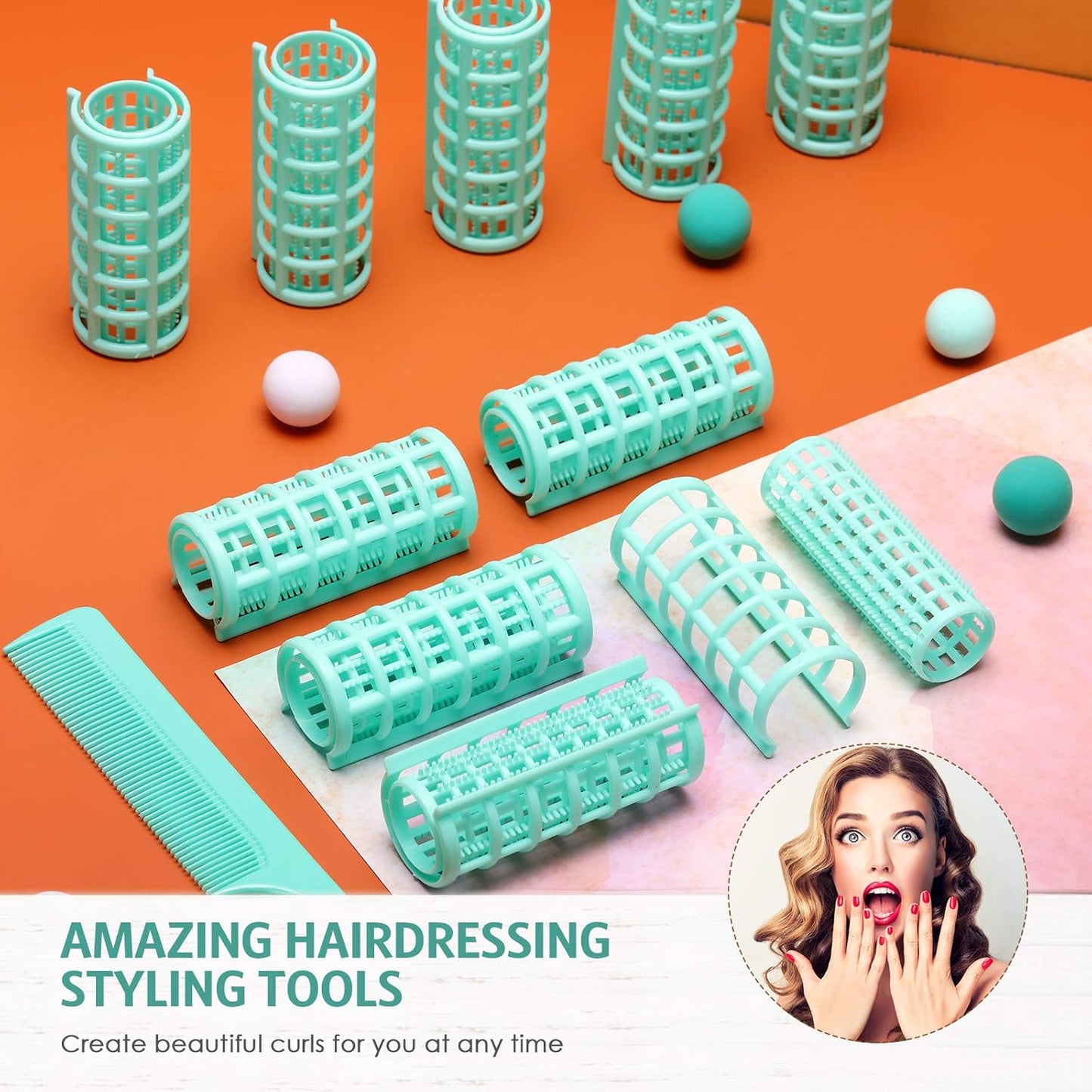 Syhood 12 Pcs Plastic Hair Rollers for Women Large Size Curlers Set Snap Roller Clips with Rat Tail Comb for Long Medium Short Hair Bangs, Salon Hairdressing Styling Tool(2.6 x 0.9 Inch,Light Green)