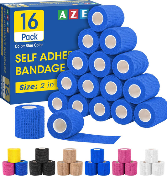 AZEN 16 Pack Self Adhesive Bandage Wrap Pink, 2" X 5 Yards Elastic Cohesive Bandage Wrap, Athletic Tape, Vet Wrap, Ankle Tape, Tattoo Grip Tape Wrap (Blue)
