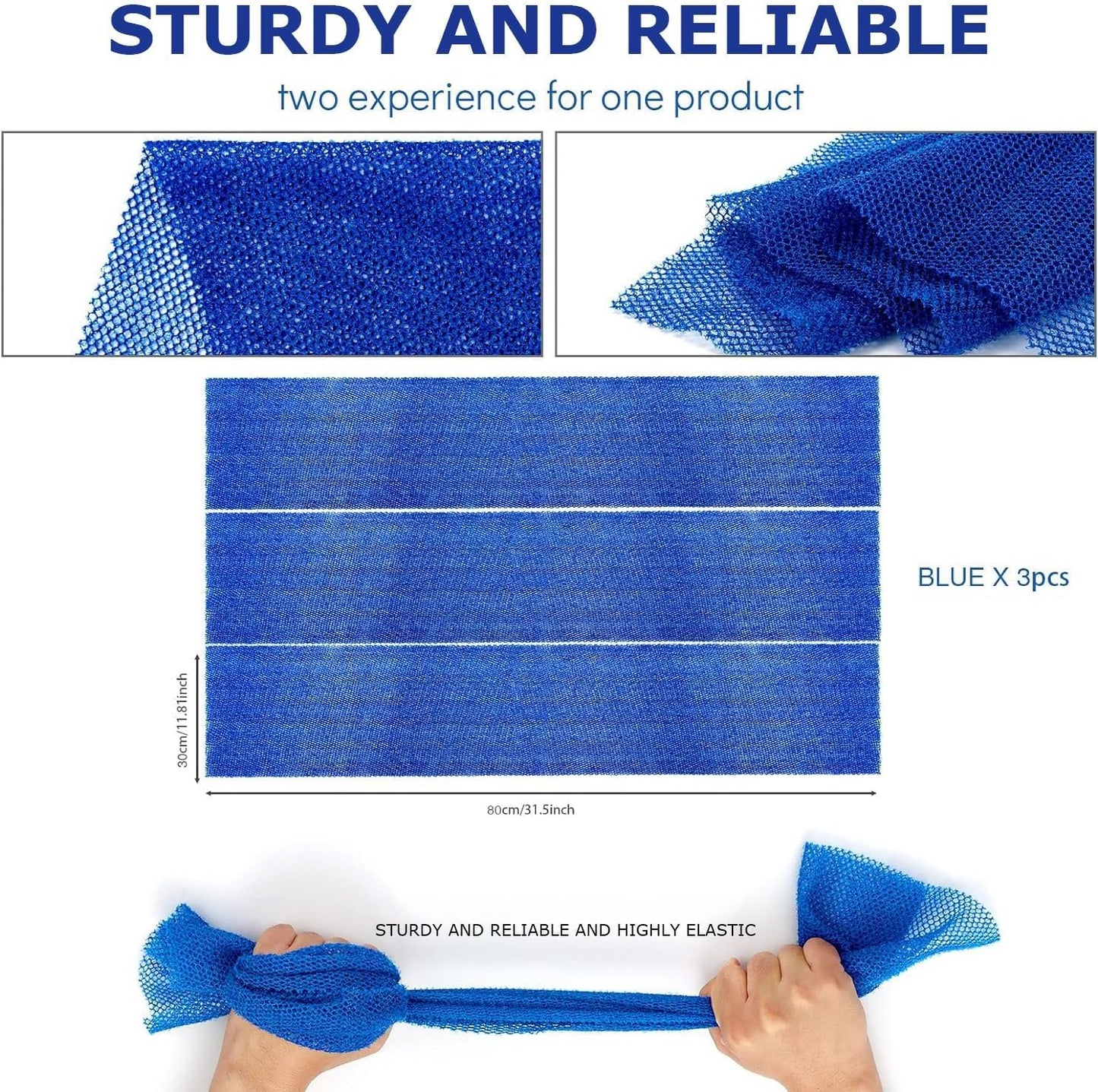 UJFQBH 3 Pieces African Bath Sponge African Net Long Net Bath Sponge Exfoliating Shower Body Scrubber Back Scrubber Skin Smoother,Great for Daily Use (Blue)