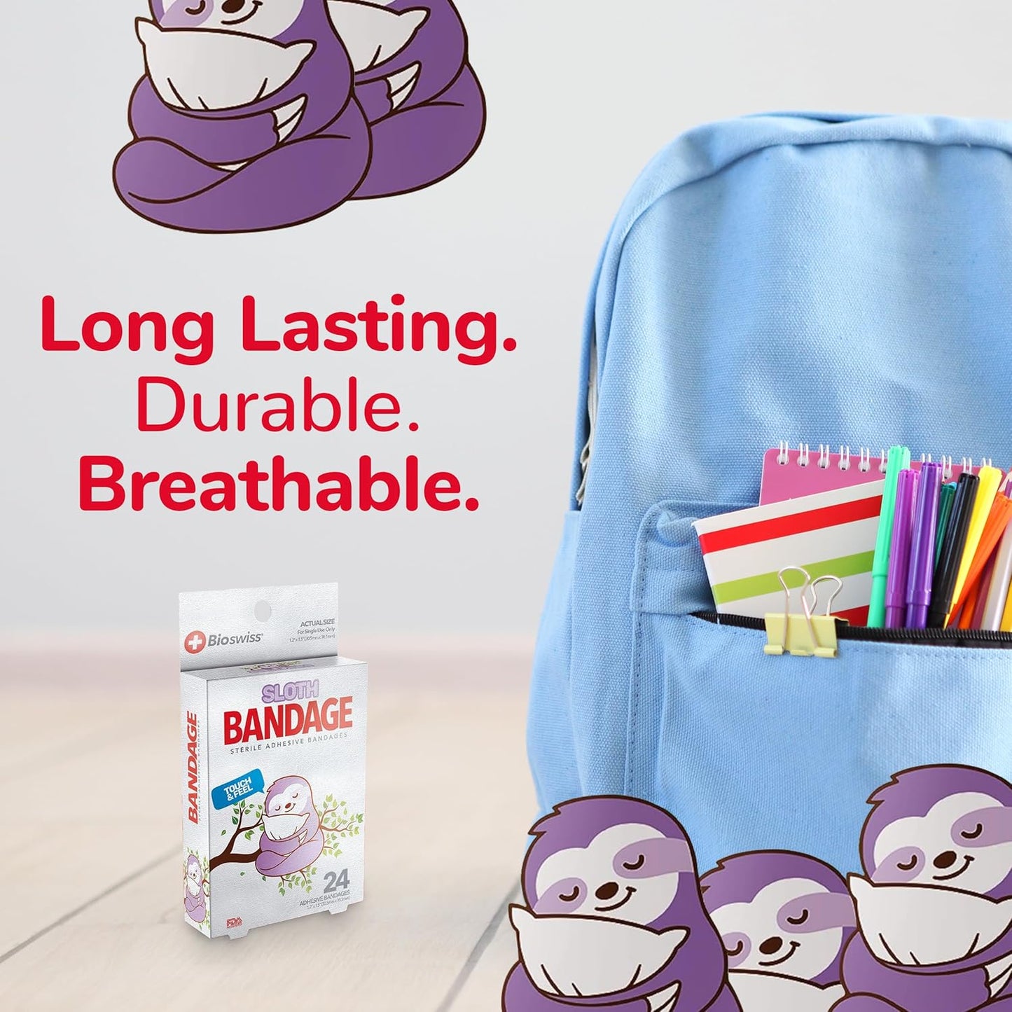 BioSwiss Kids Bandages, Sloth Shaped Self Adhesive Bandage Set, Latex Free, Sterile Wound Care, 24 Count