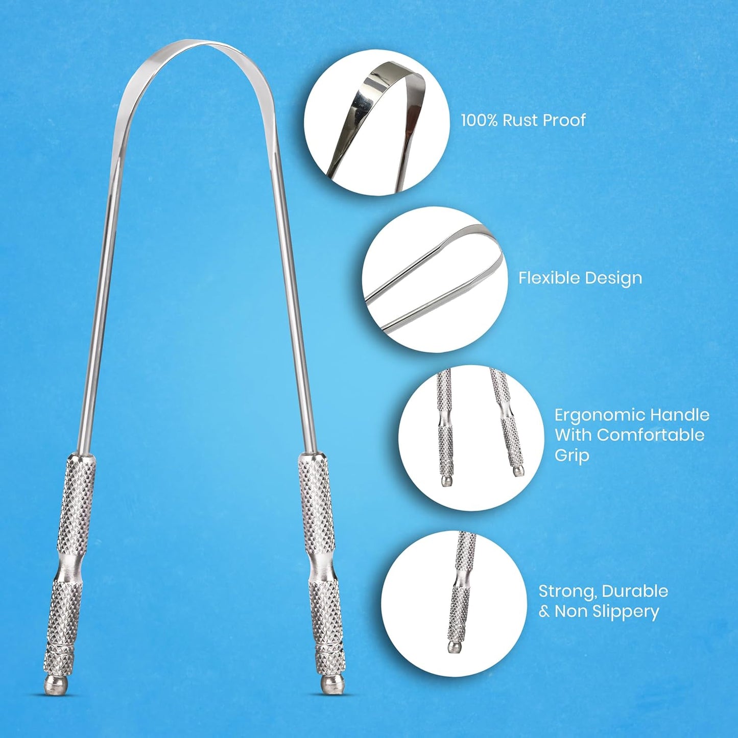 Tongue Scraper for Adults by HOKIN (1Pc Oral Care Pack) Stainless Steel Tongue Cleaners Reduce Bad Breath 100% Metal Tough Scrapers Men and Women Hygiene