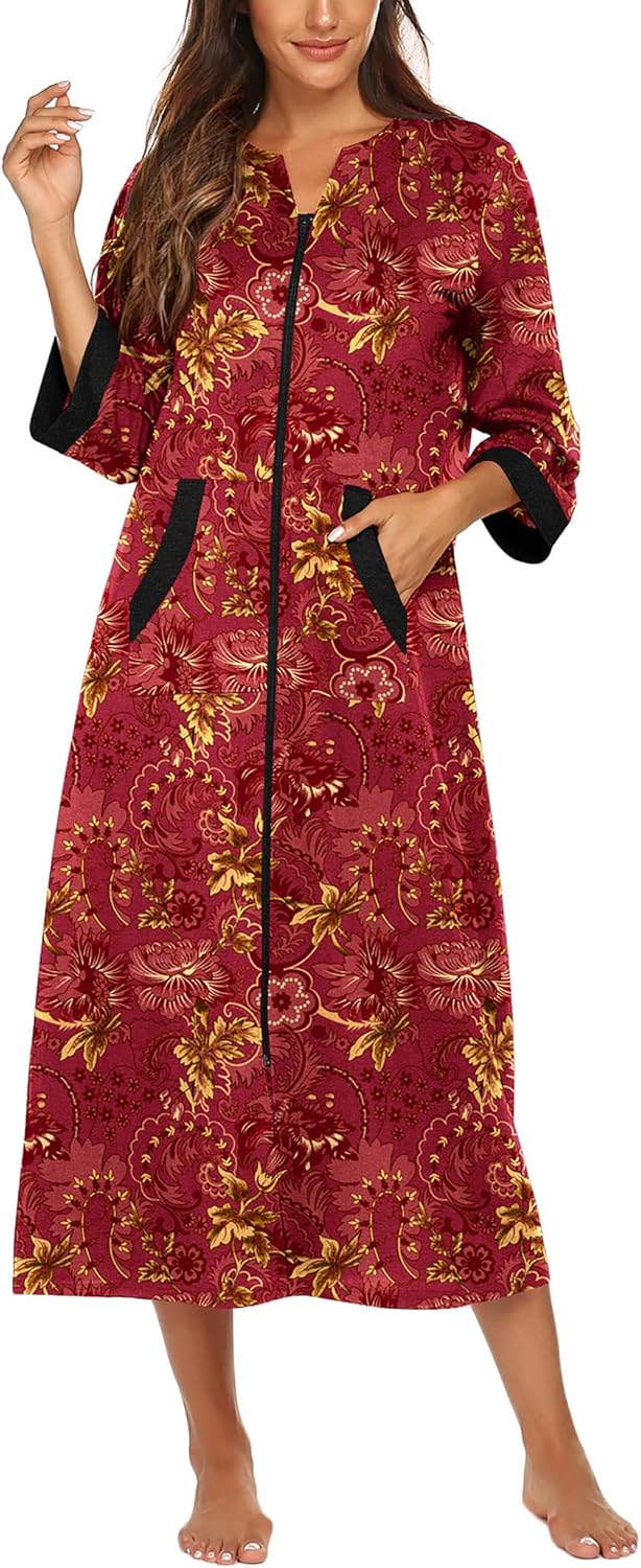 Ekouaer Women Zipper Robe 3/4 Sleeves Loungewear Dress Full Length Sleepwear Pockets Housecoat Nightgown Long Bathrobe