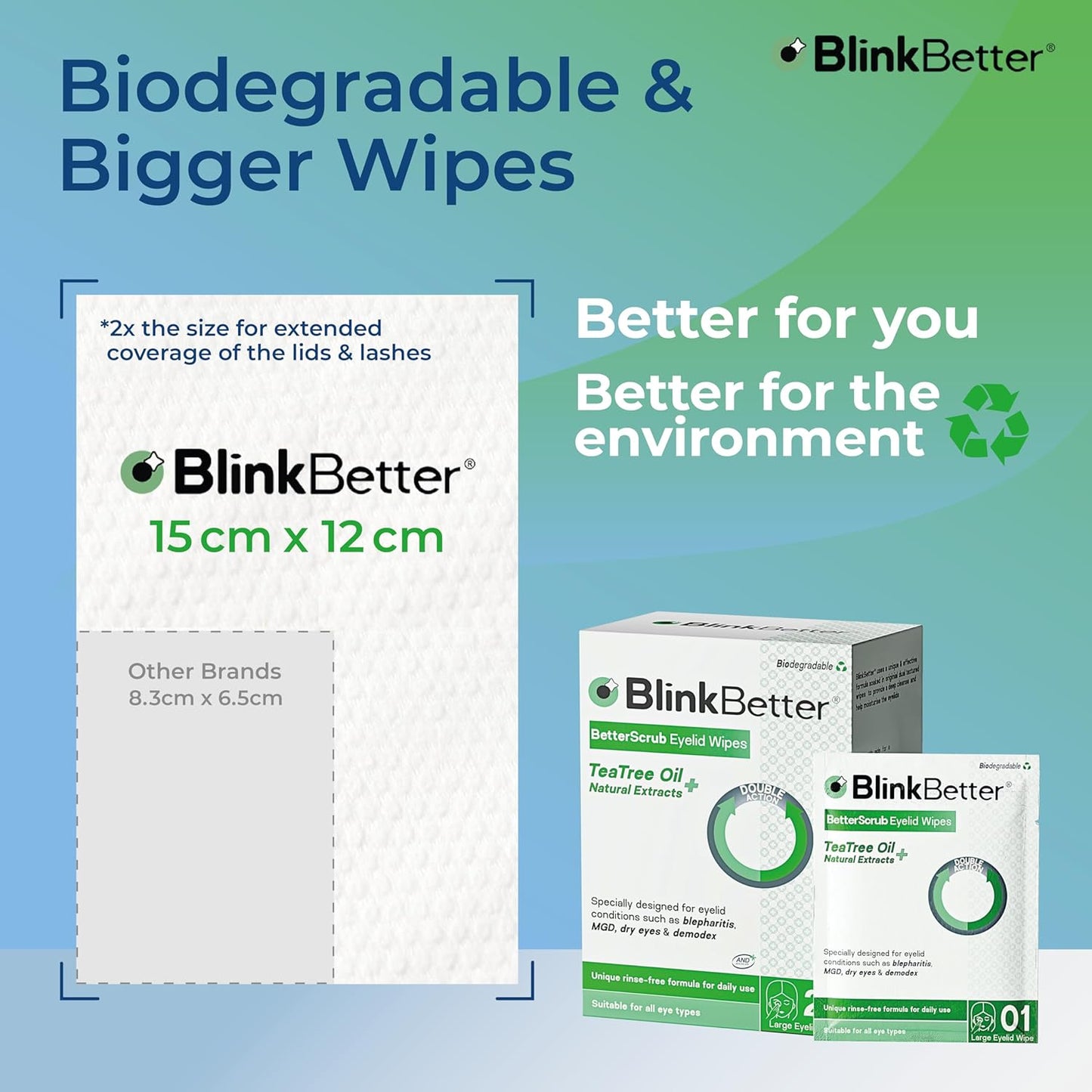 Tea Tree Oil Eyelid Wipes- 60 (Pack of 3) Natural Blepharitis, MGD & Dry Eye Relief Wipes | Cleansing, Soothing, Dual-Textured, Triple Moisture Formula | Biodegradable & Gentle