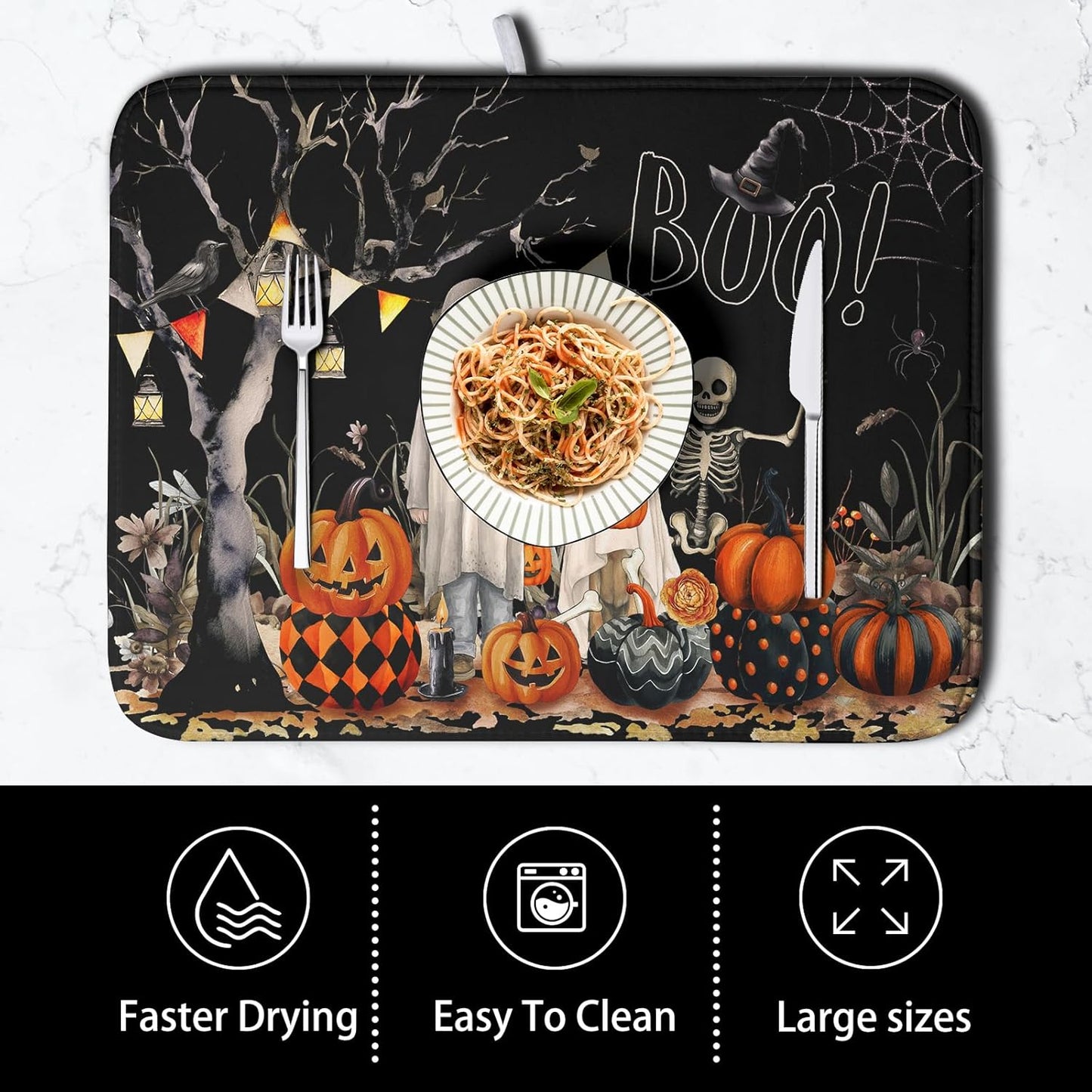 Halloween Dish Drying Mat for Kitchen Counter 18x24 Inch Black Ghost Pumpkins Dog Boo Skull Dishes Drainer Mats Absorbent Microfiber Washable Dish Draining Pad for Sink Coffee Bar