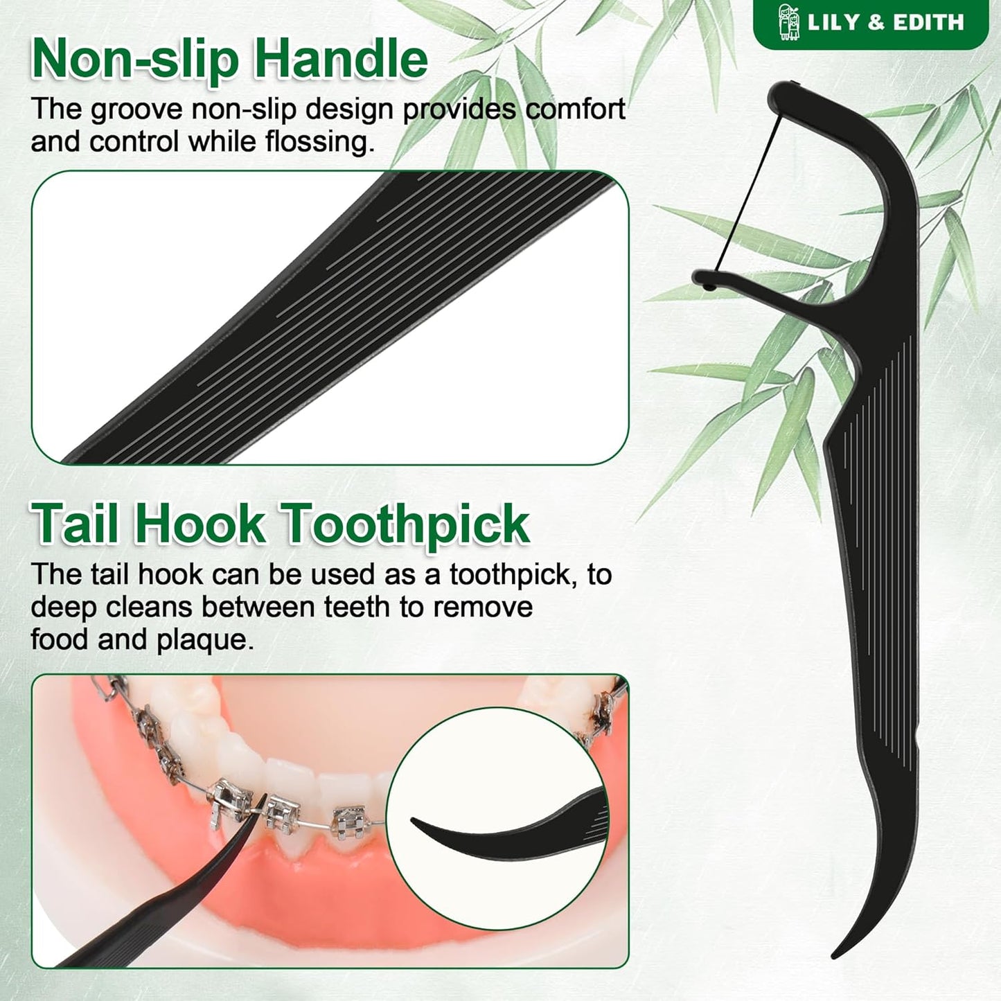 LILY & EDITH Orthodontic Flossers for Braces for Adult & Kid, 240 Count, Ortho Dental Floss Picks, Fluoride & Chemical Free, Fits Under Arch Wire, Bamboo Charcoal Flosser Remove Plaque, Unflavored